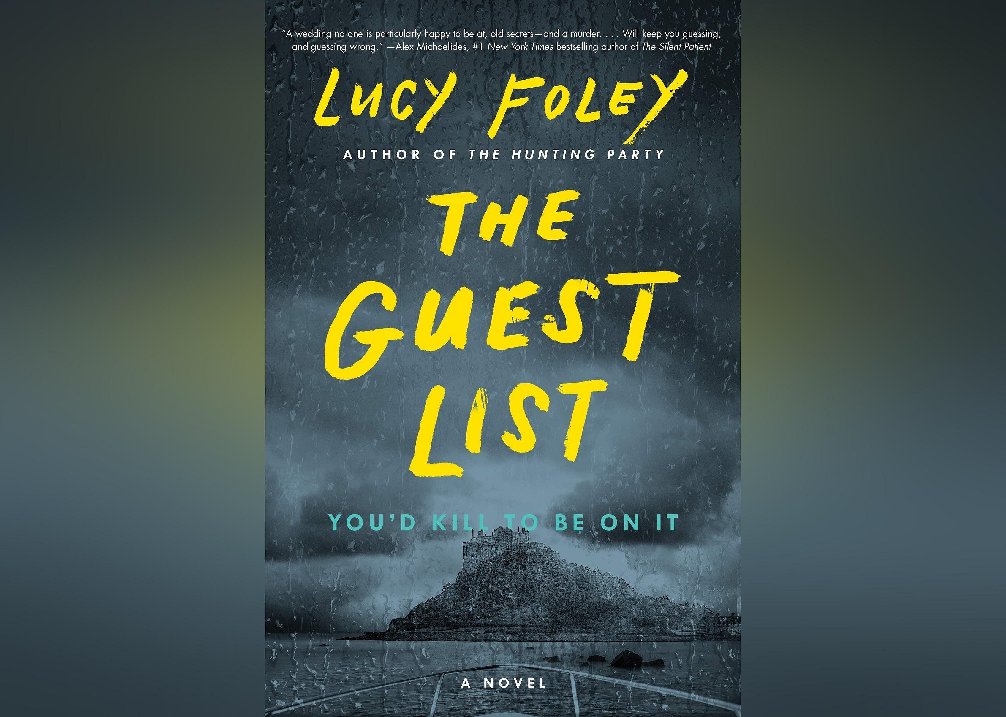 The cover shows the view from a boat headed toward a stately building a top of mountainous peninsula on a dark and stormy night. 