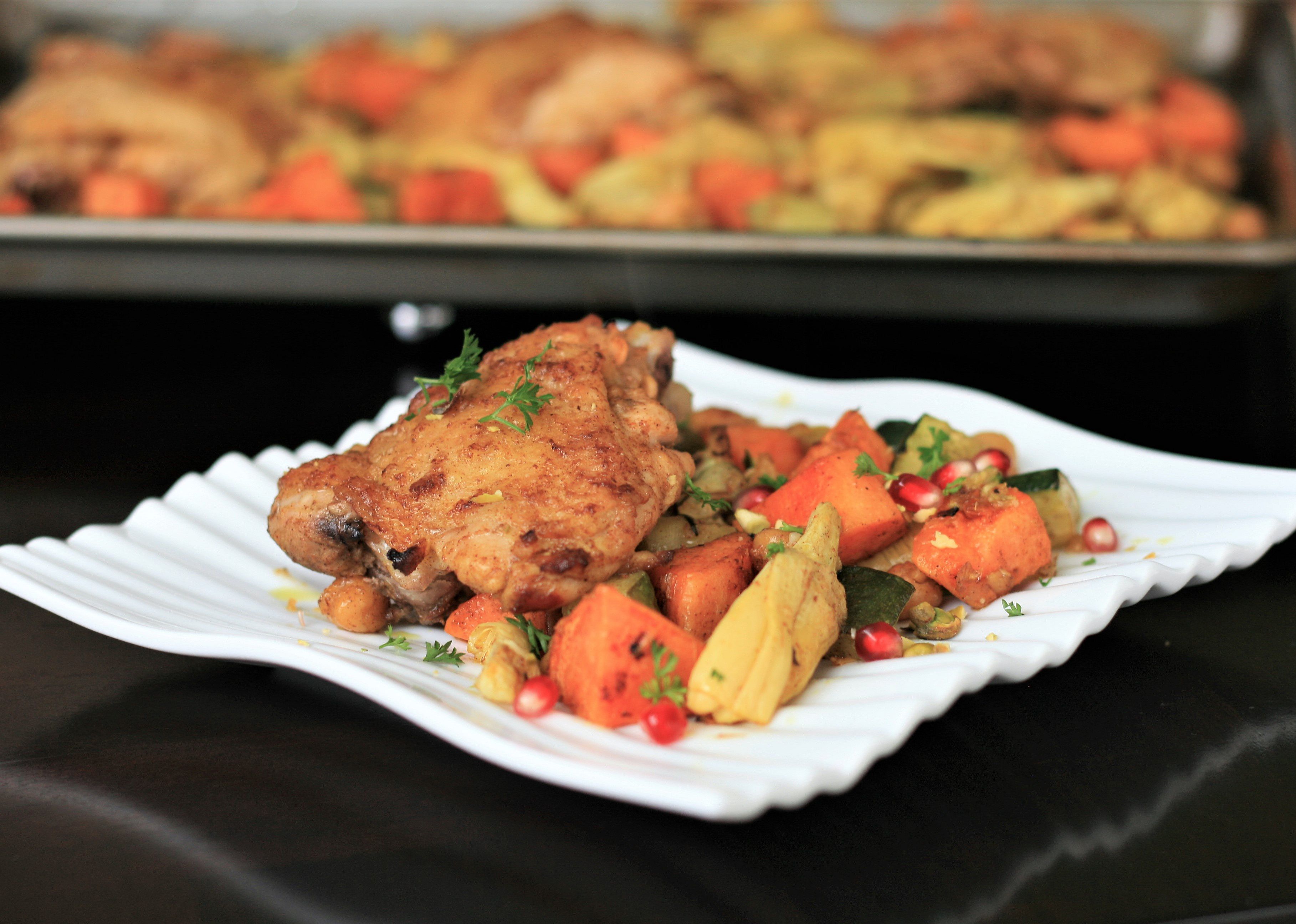 Moroccan Chicken Thigh Sheet Pan Dinner