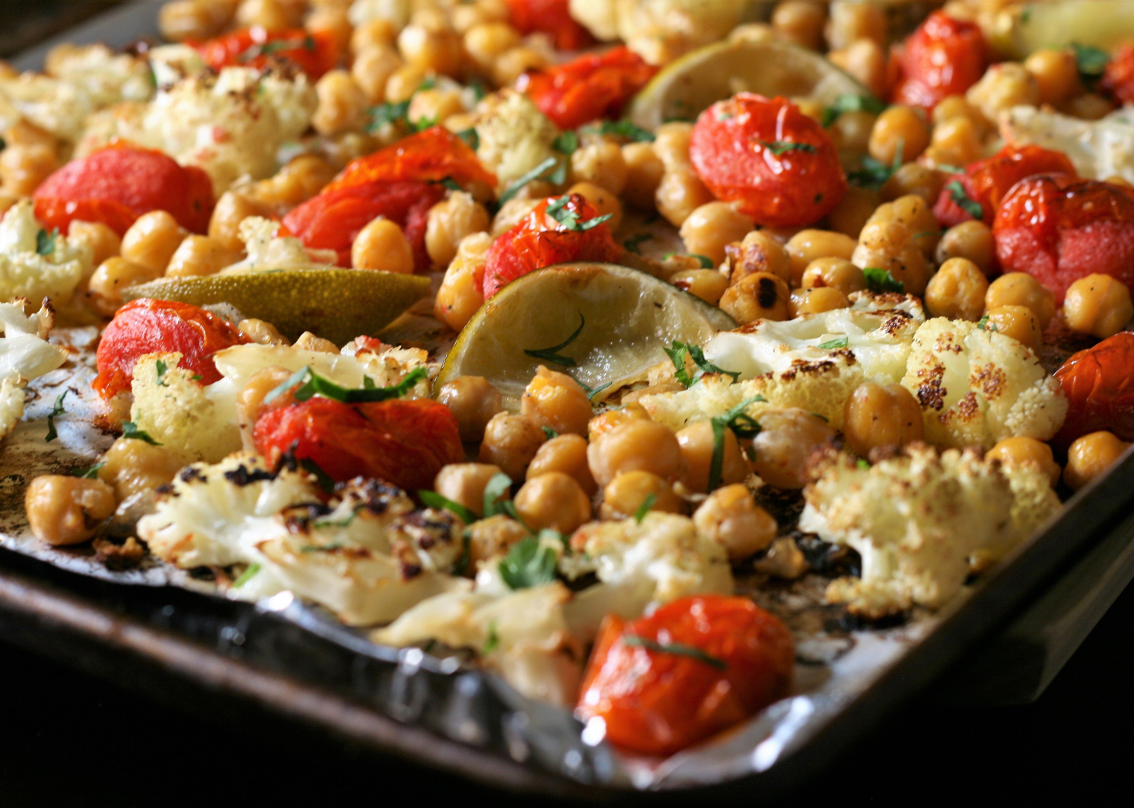 Easy Vegan Sheet Pan Roasted Cauliflower, Tomatoes, and Garbanzo Beans