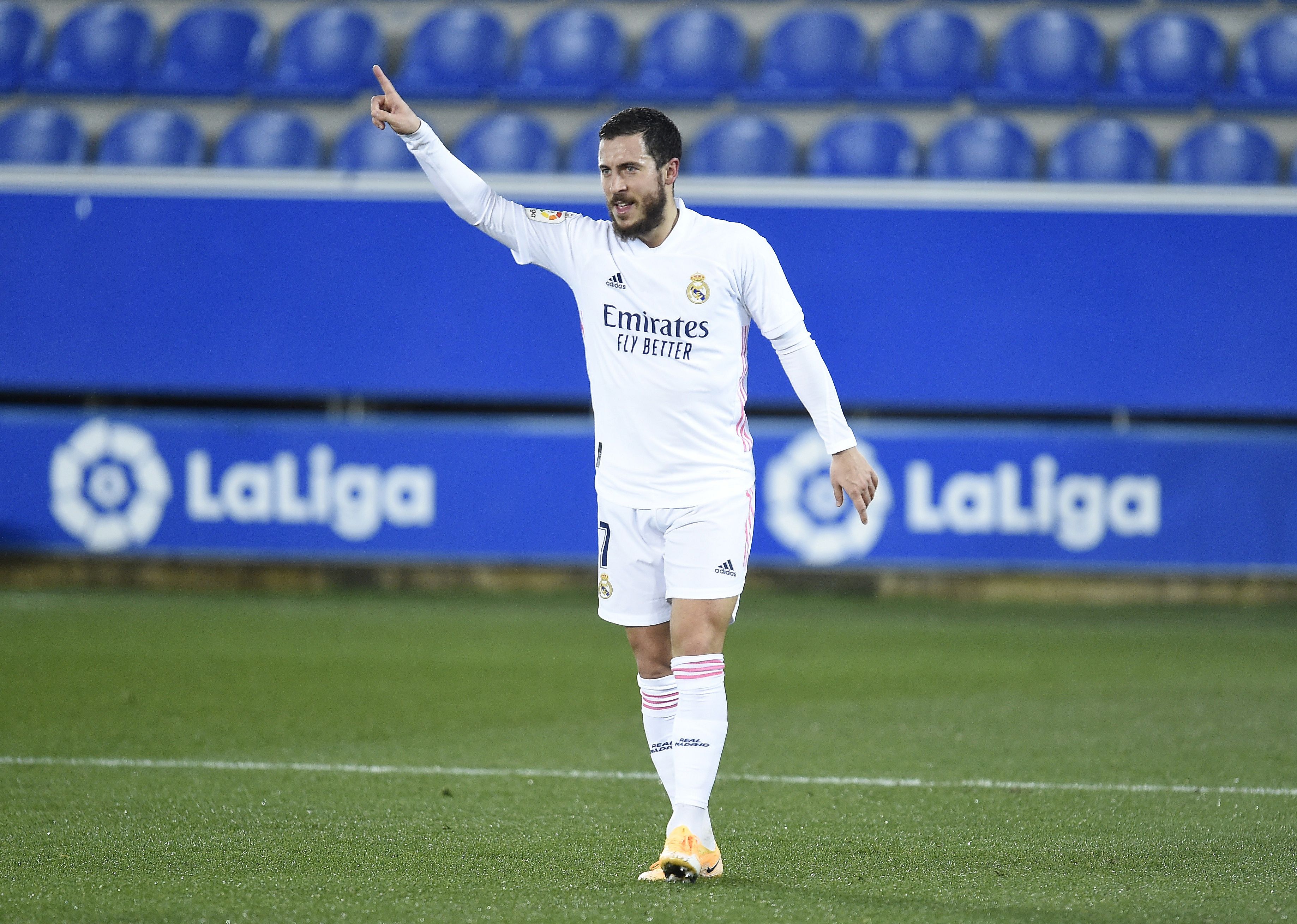 Eden Hazard of Real Madrid celebrates after scoring