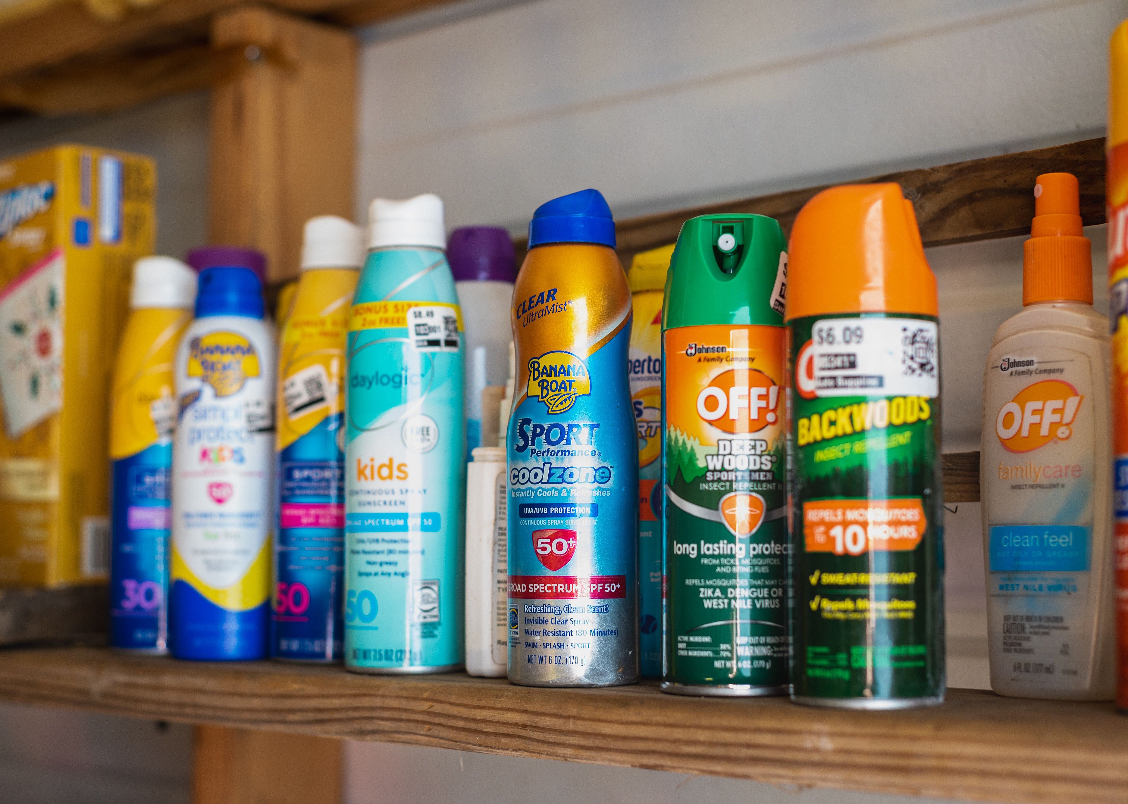 Banana Boat, Coppertone, Daylogic kids sunscreen, and OFF.