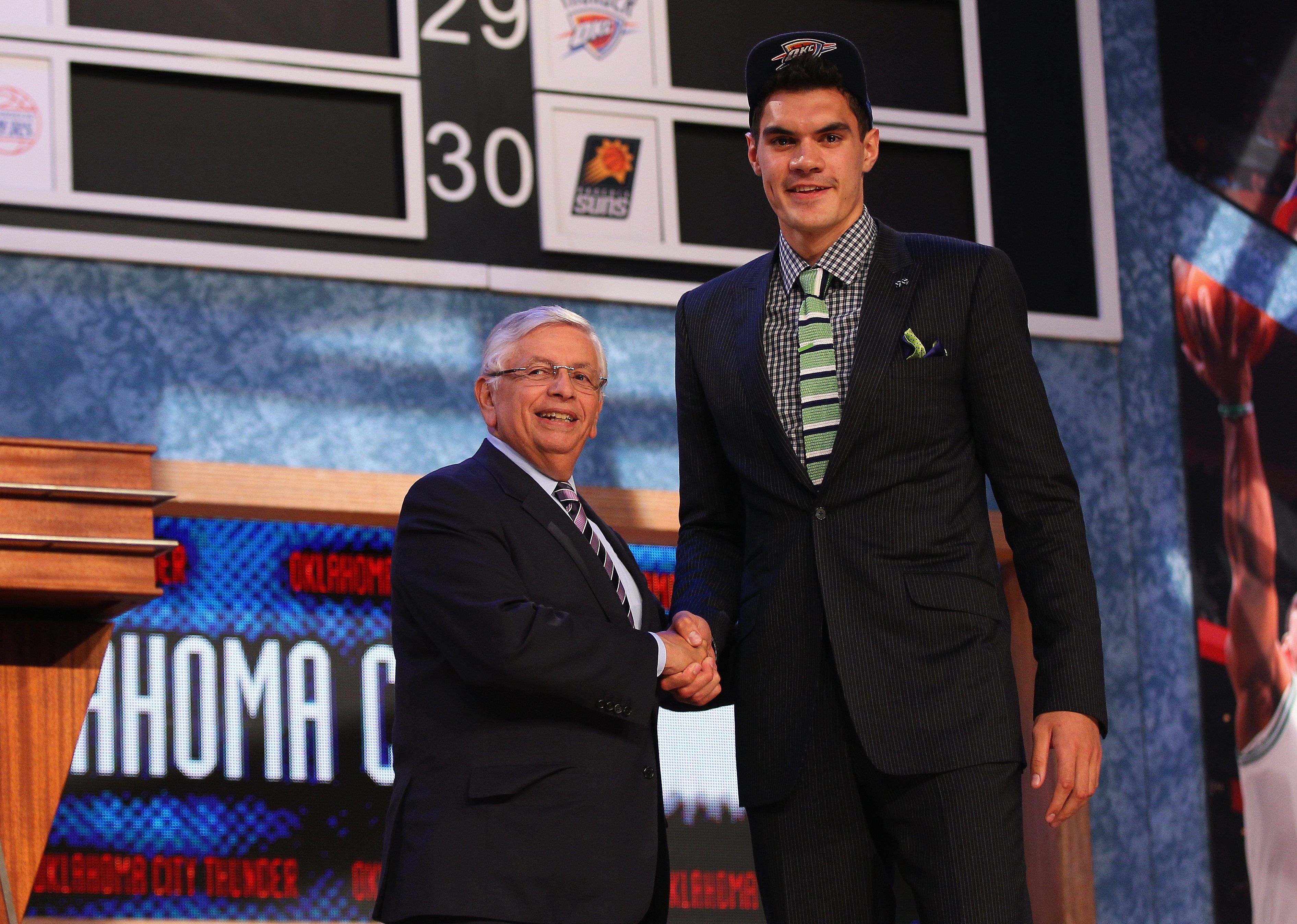 Steven Adams with NBA Commissioner David Stern after Adams was drafted.