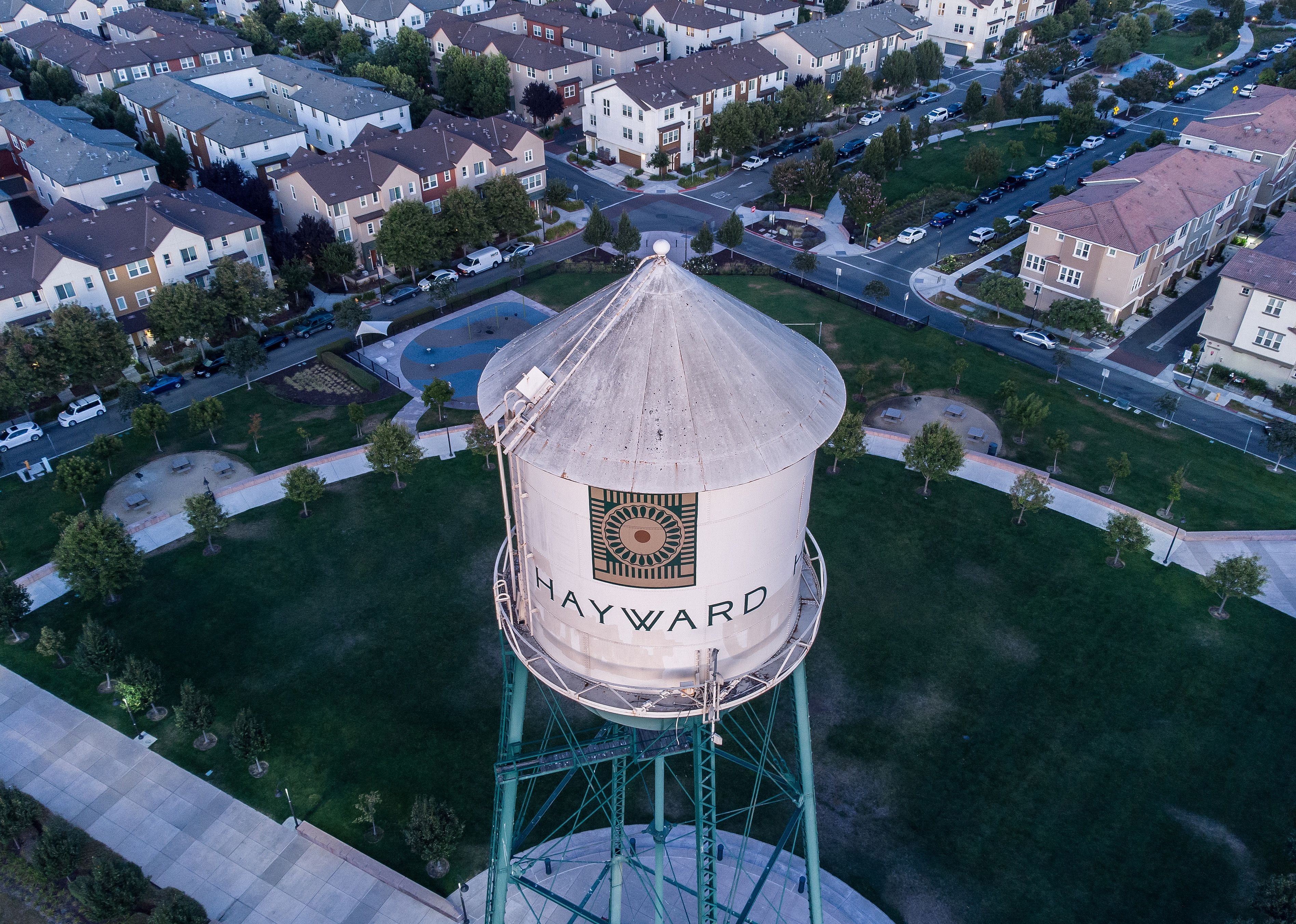 Hayward water tower in the evening from above