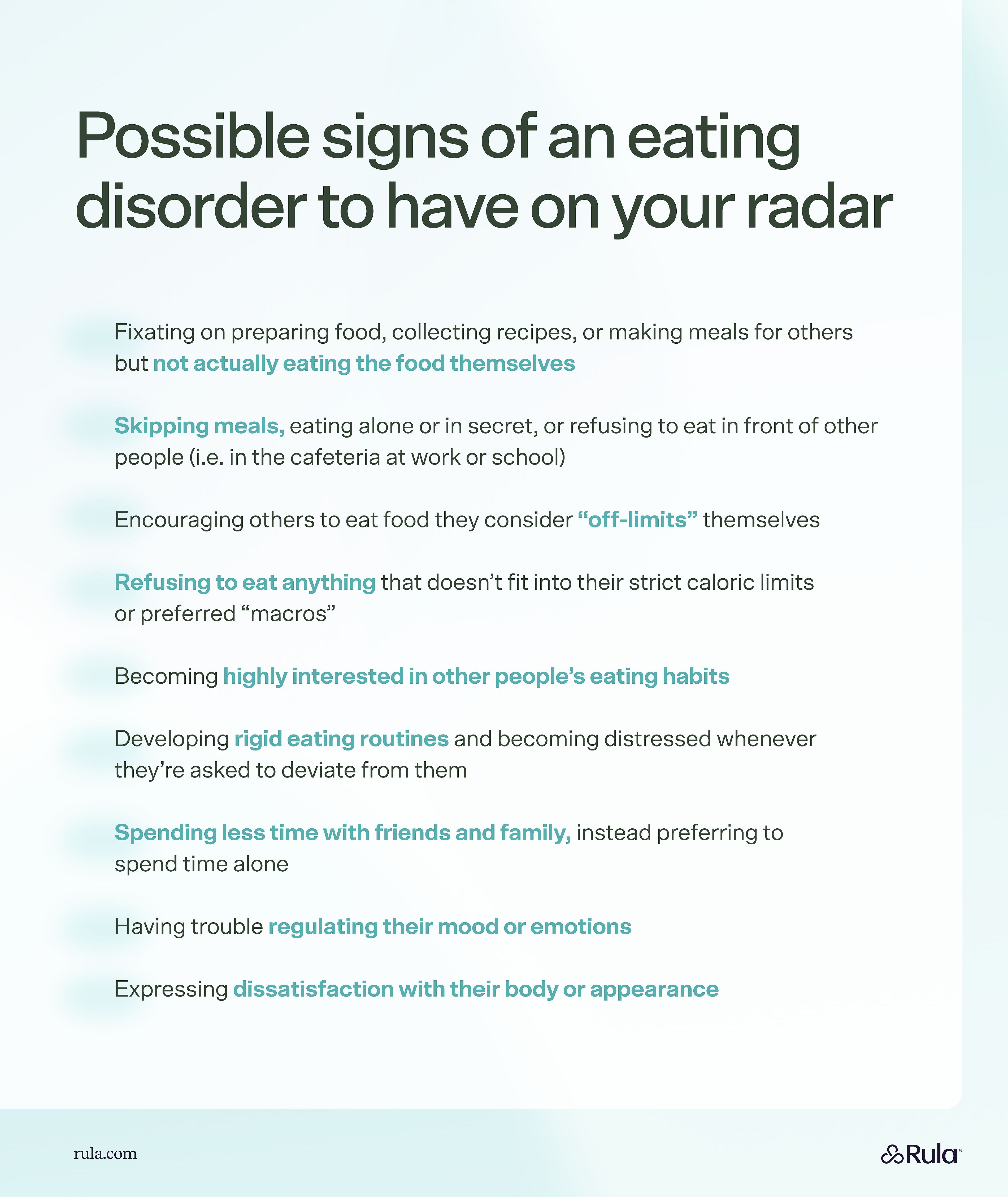 Rula's list of possible signs of an eating disorder.