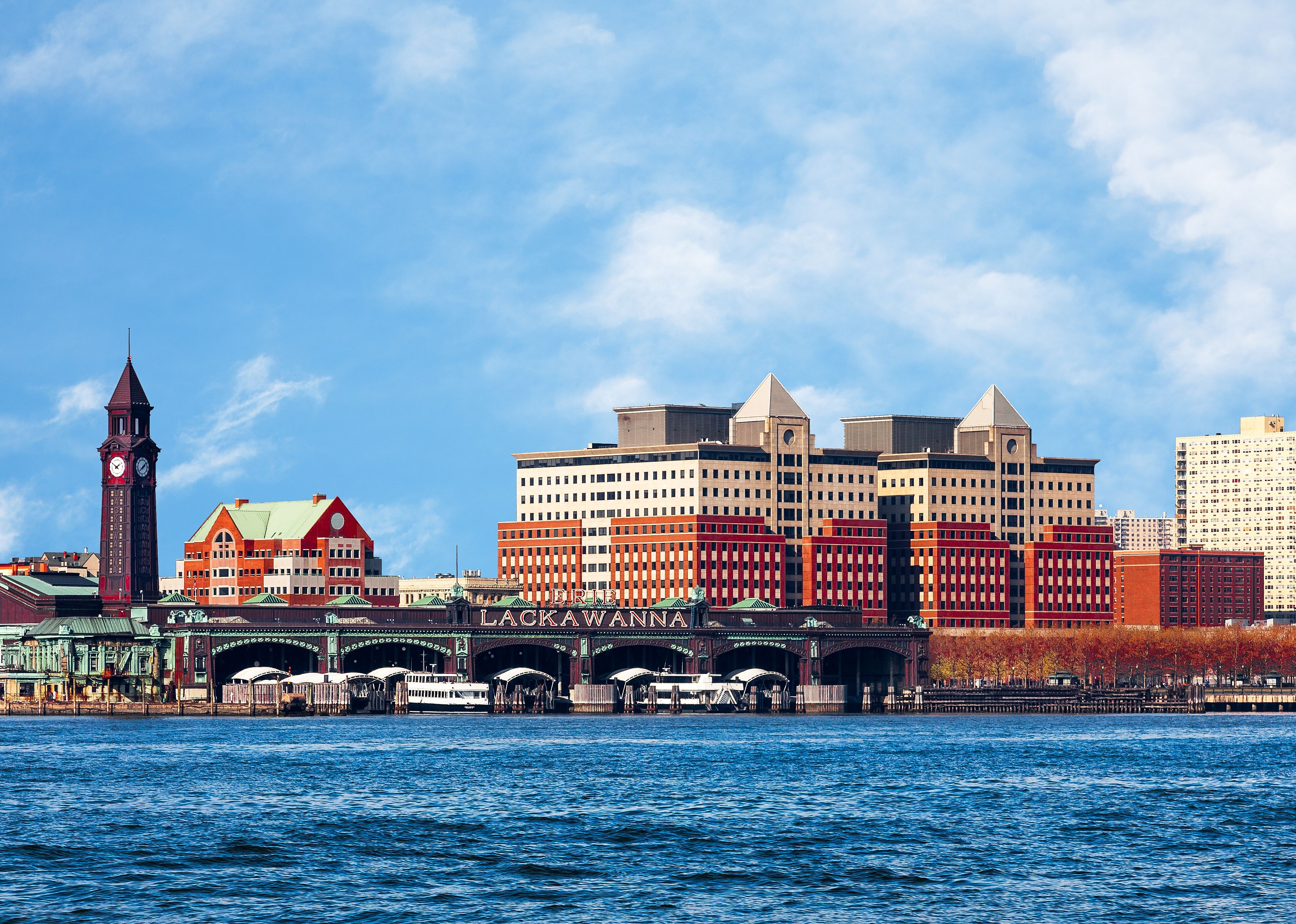 Hoboken, New Jersey waterfront and skyline from the Hudson River.