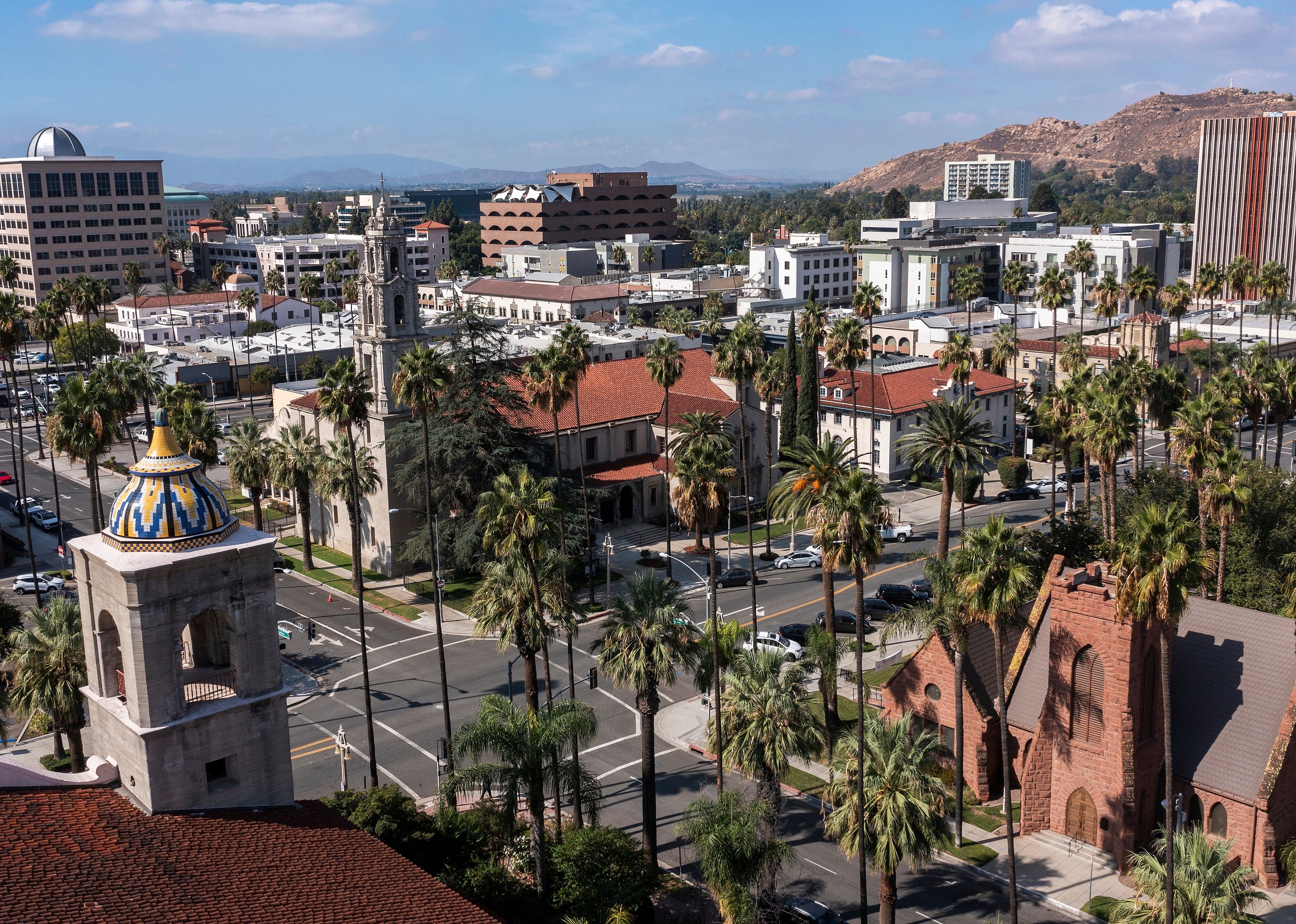 Daytime aerial view of historic downtown Riverside.