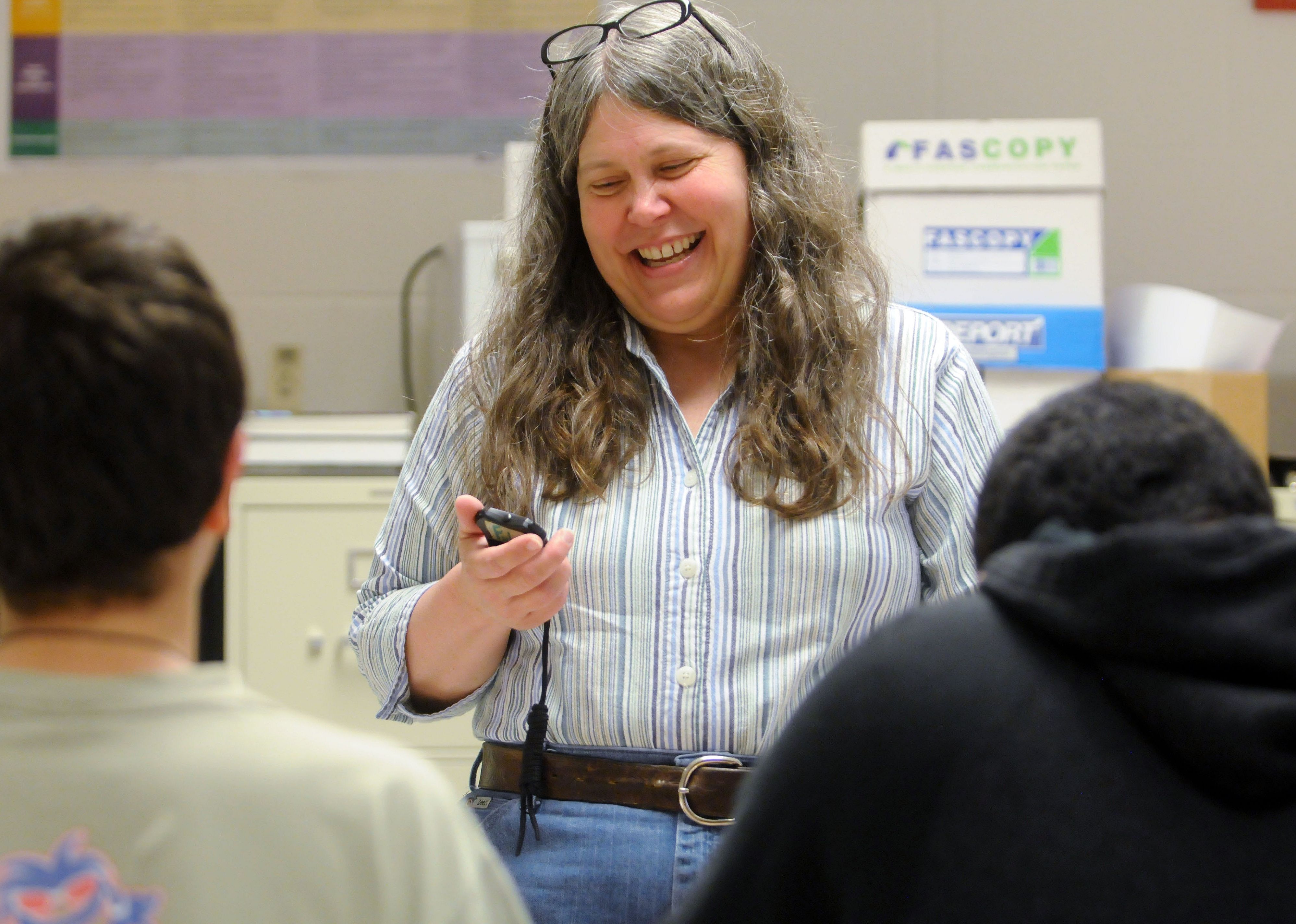 A special education teacher at Fleetwood High School, doing assessments.
