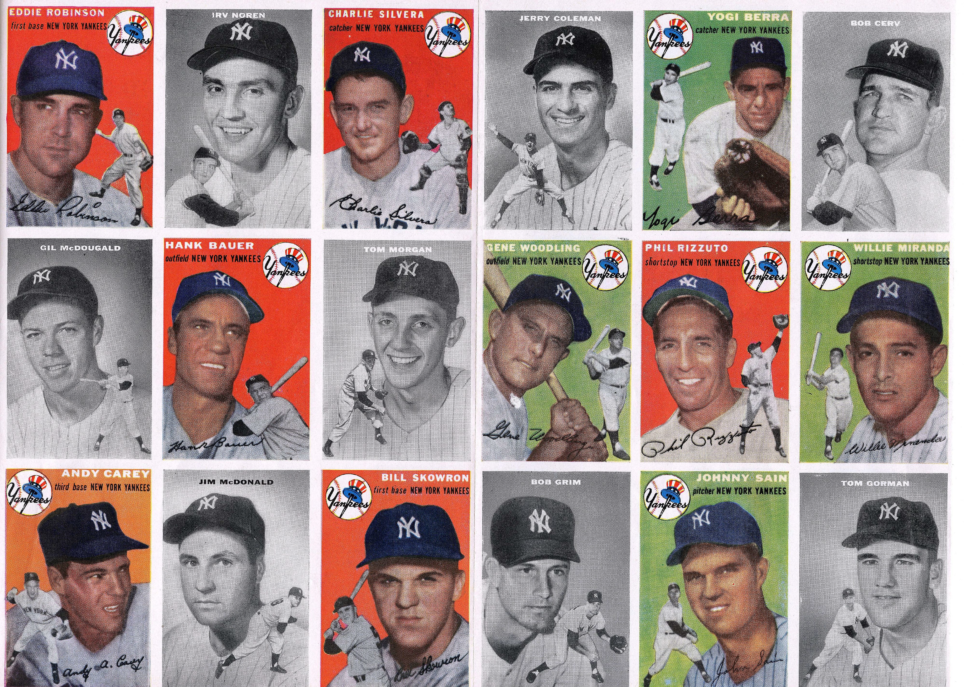 Folded poster insert, from Topps Chewing Gum, features baseball cards that highlight members of the 1954 New York Yankees, New York, New York, August 23, 1954.
