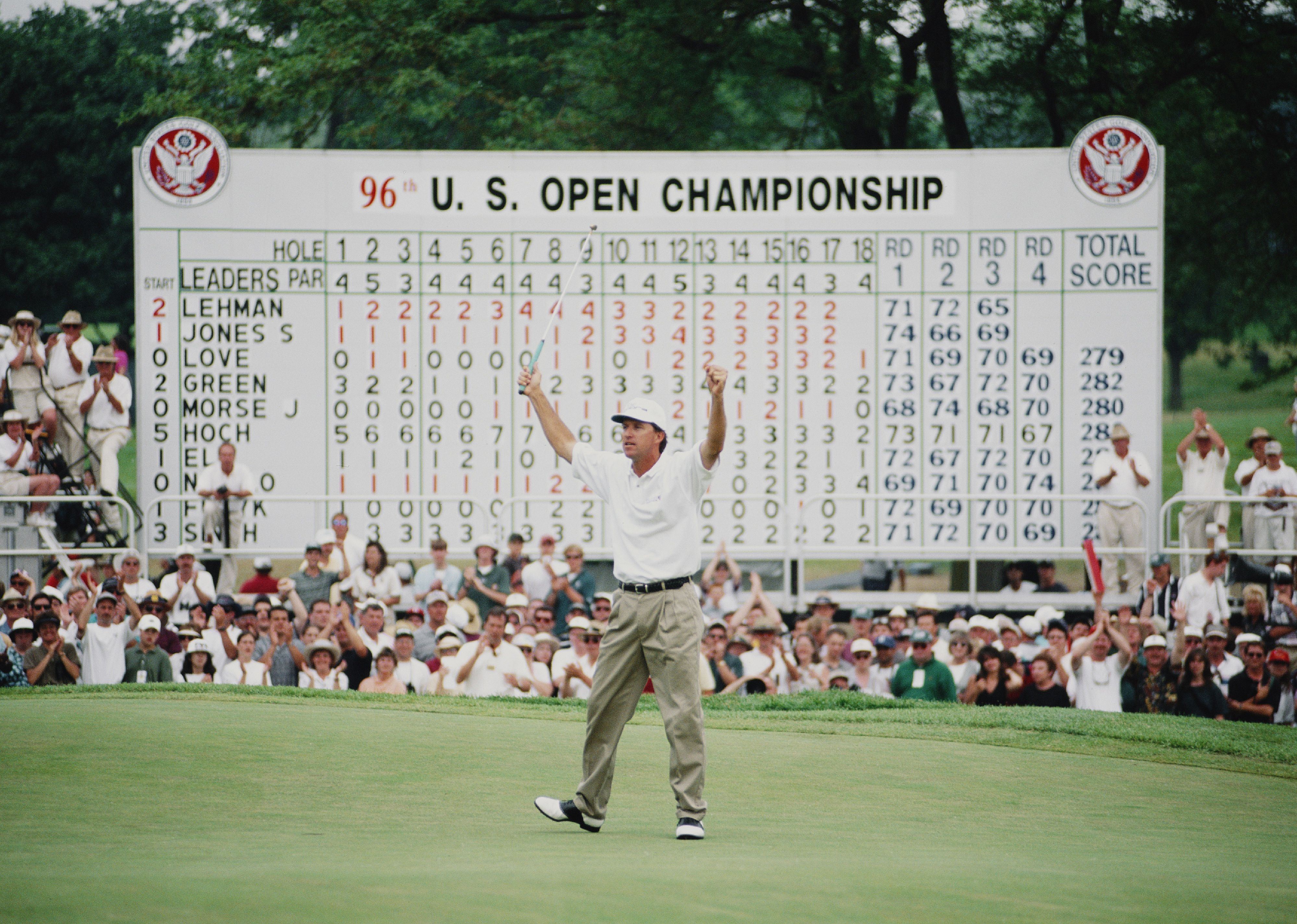 Steve Jones of the United States celebrates winning the 96th U.S. Open