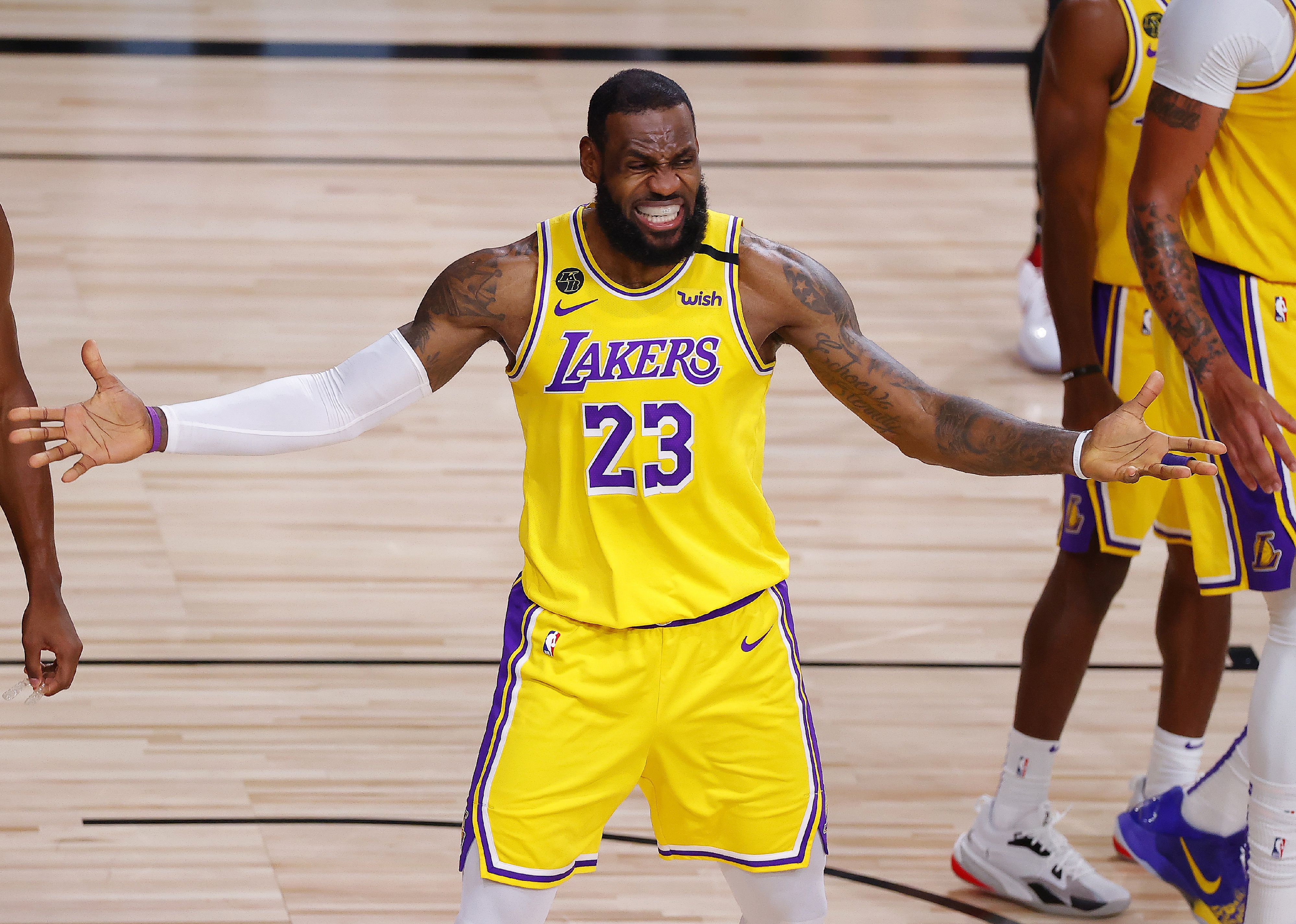 LeBron James of the Los Angeles Lakers reacts to a call