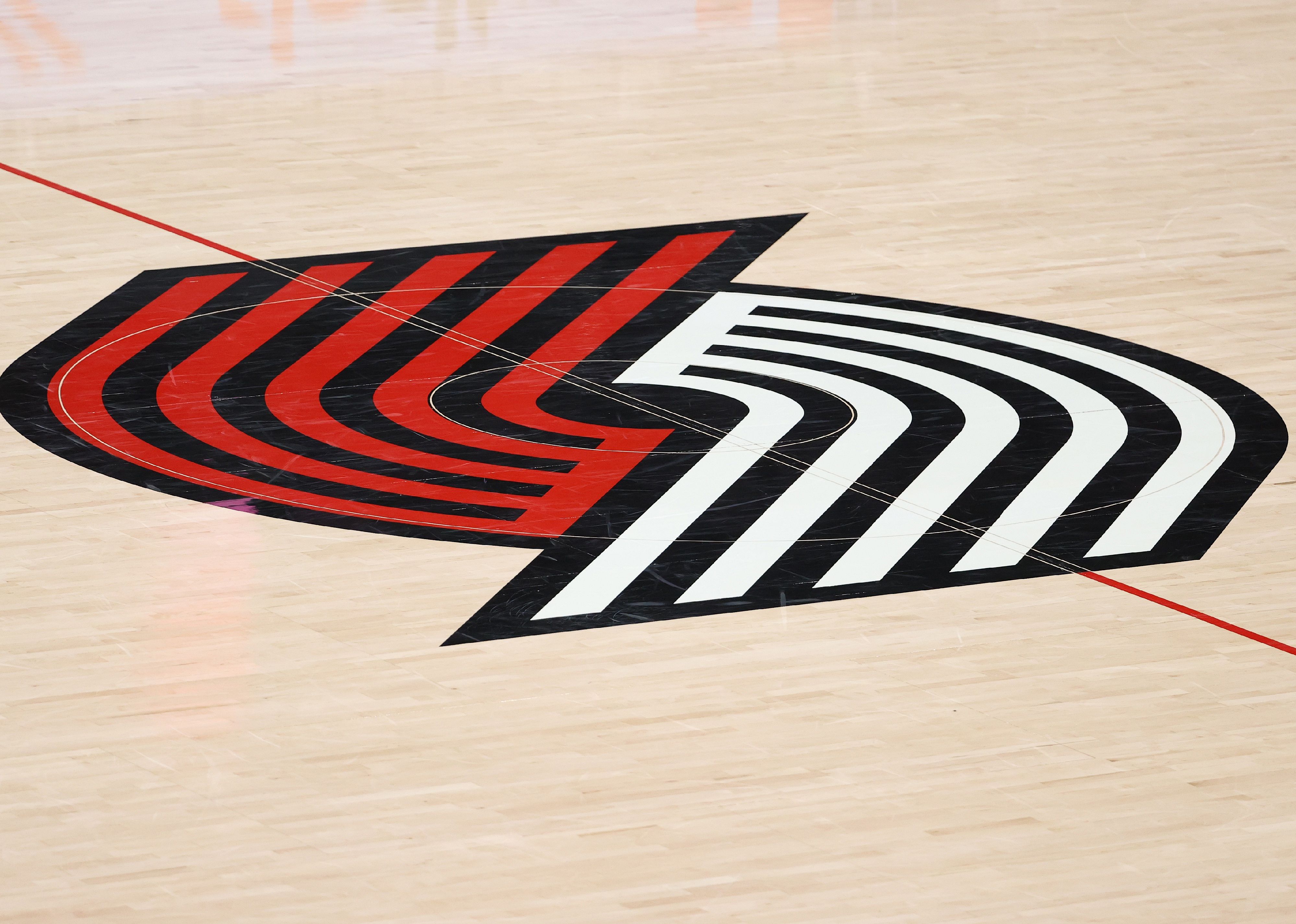 A view of the Portland Trail Blazers logo at Moda Center.