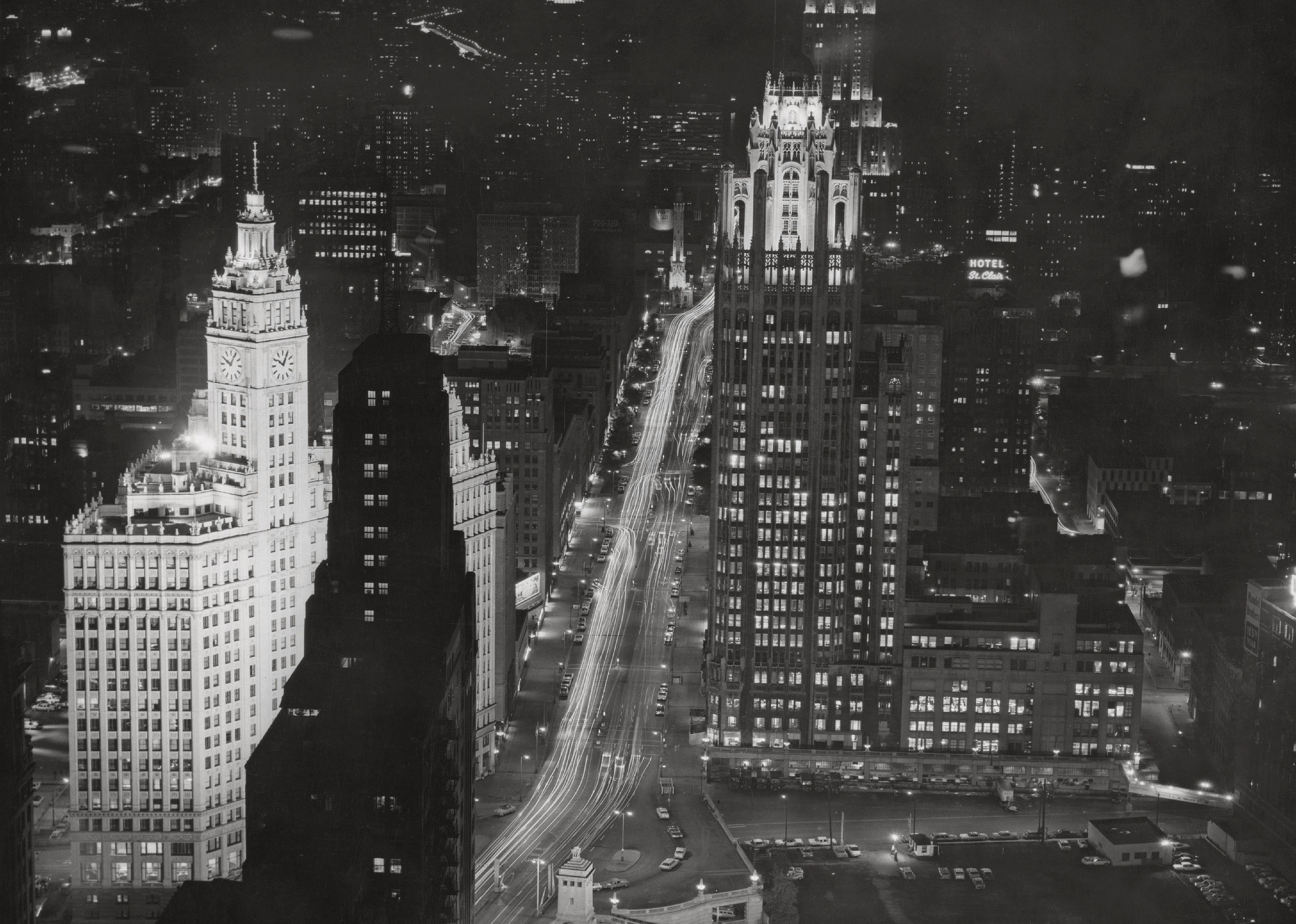 High angle view of the Chicago Business District by night