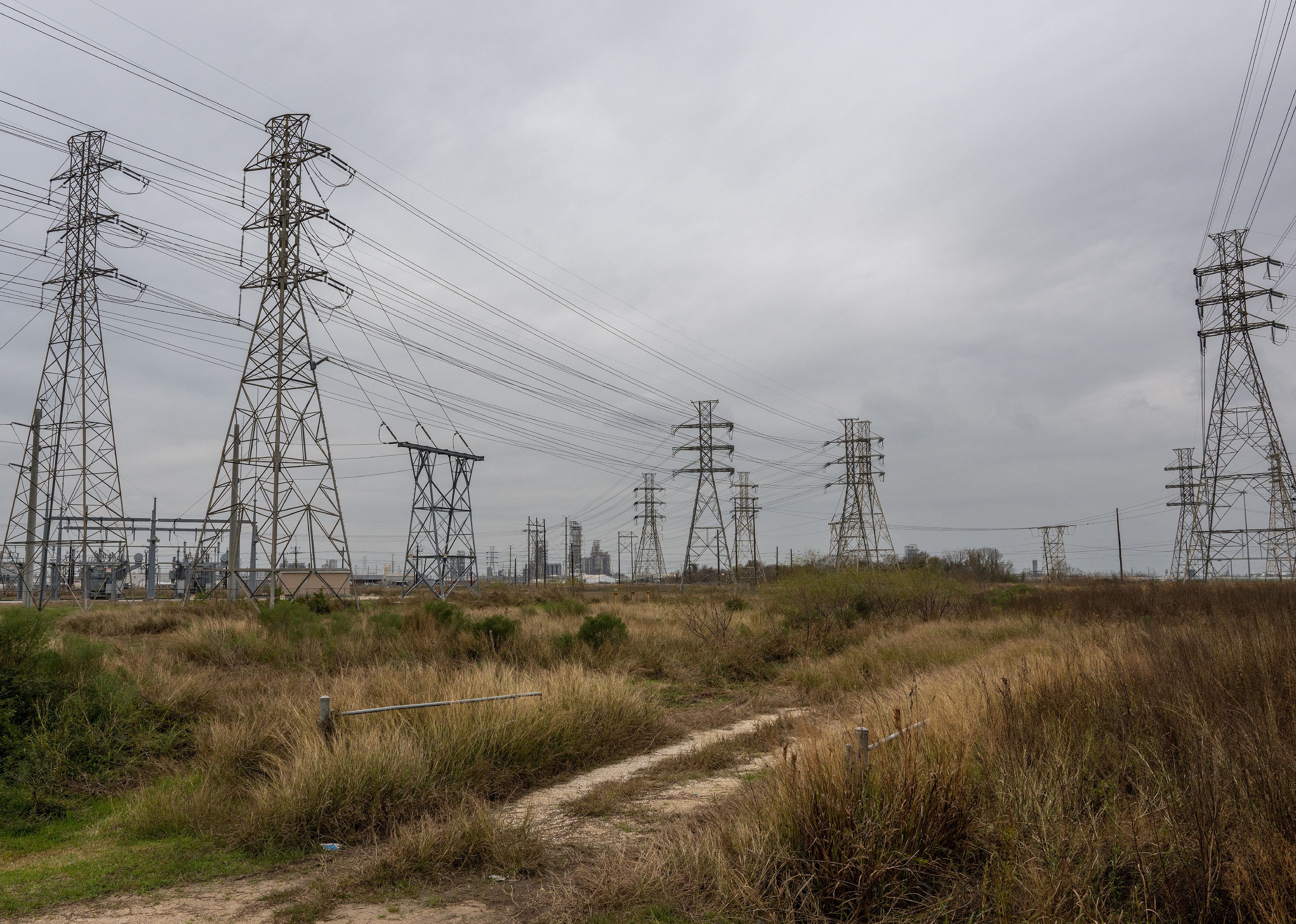 Transmission towers near the CenterPoint Energy facility in Houston.