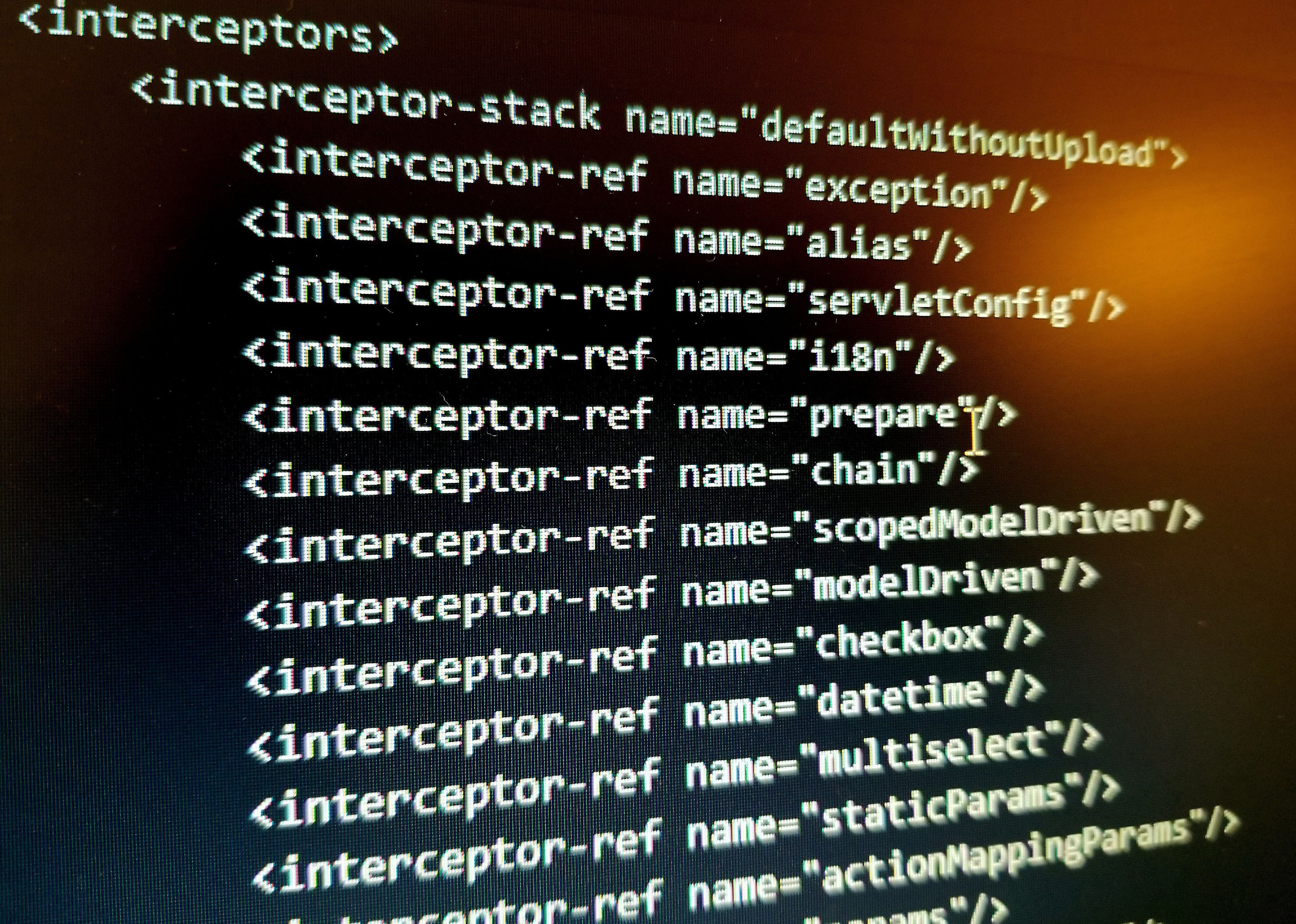 Close-up of code on a computer screen for the Apache Struts framework, which was exploited by computer hackers.