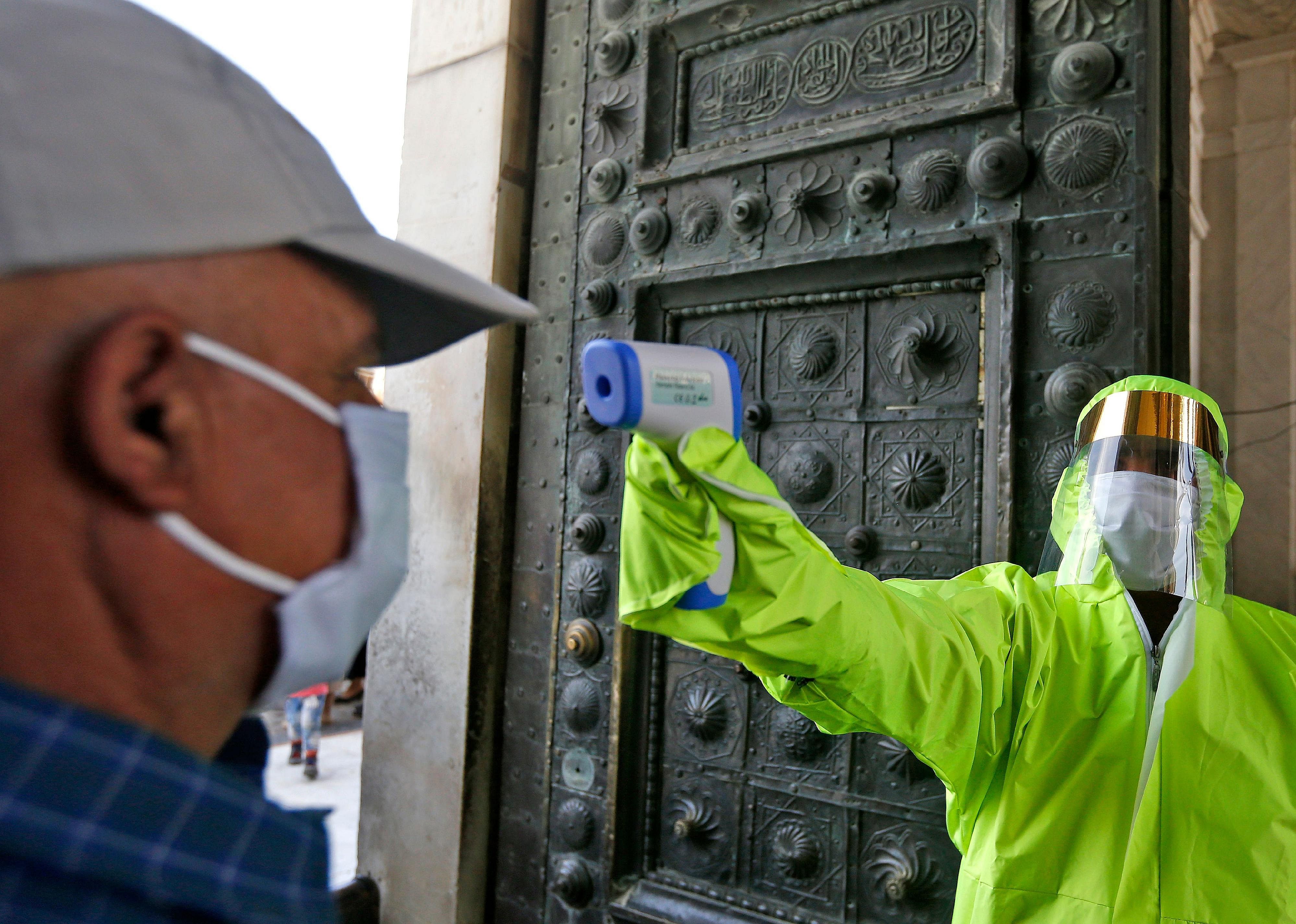 Measuring temperatures at a mosque in Syria