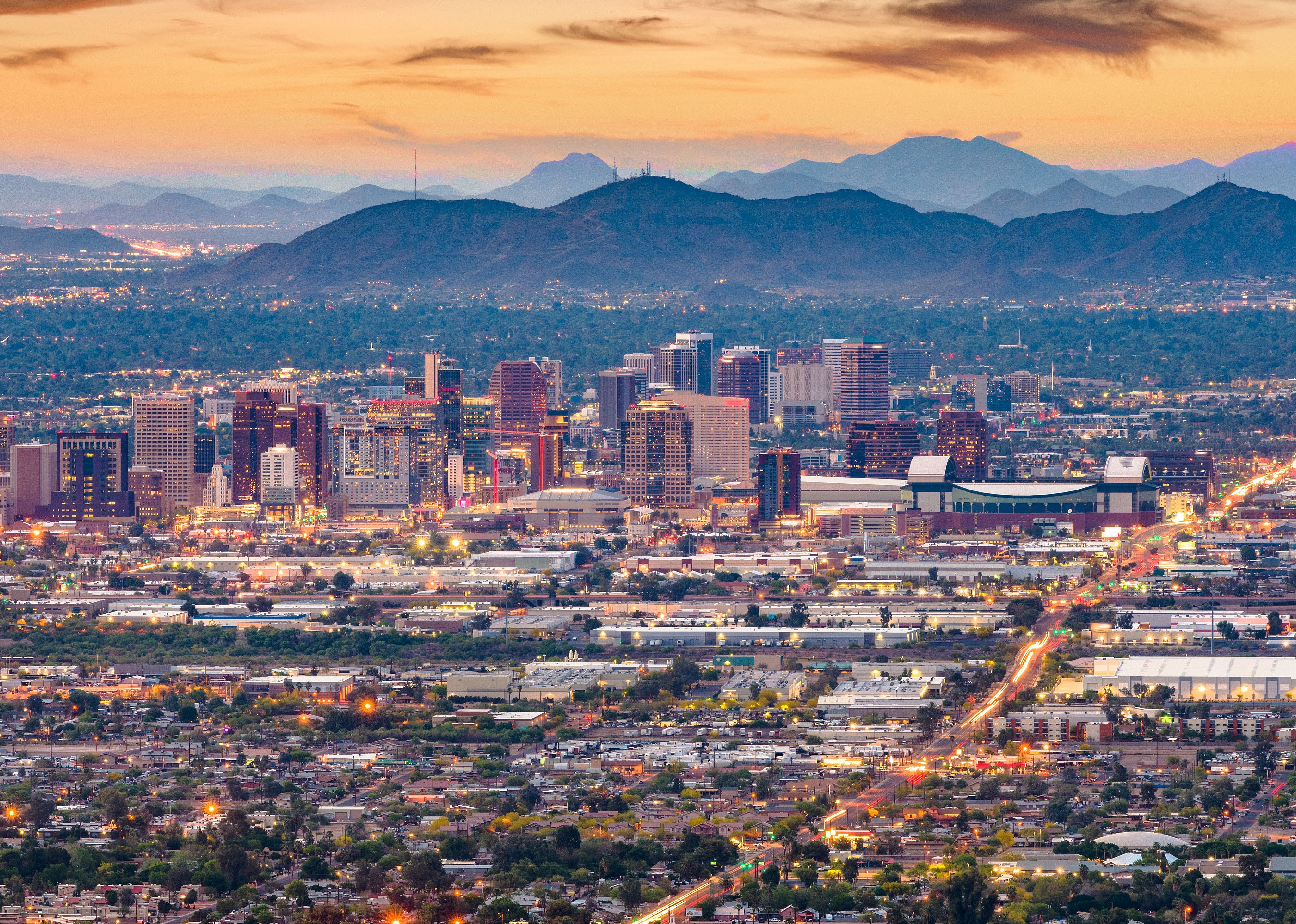 View of downtown Phoenix at dusk.