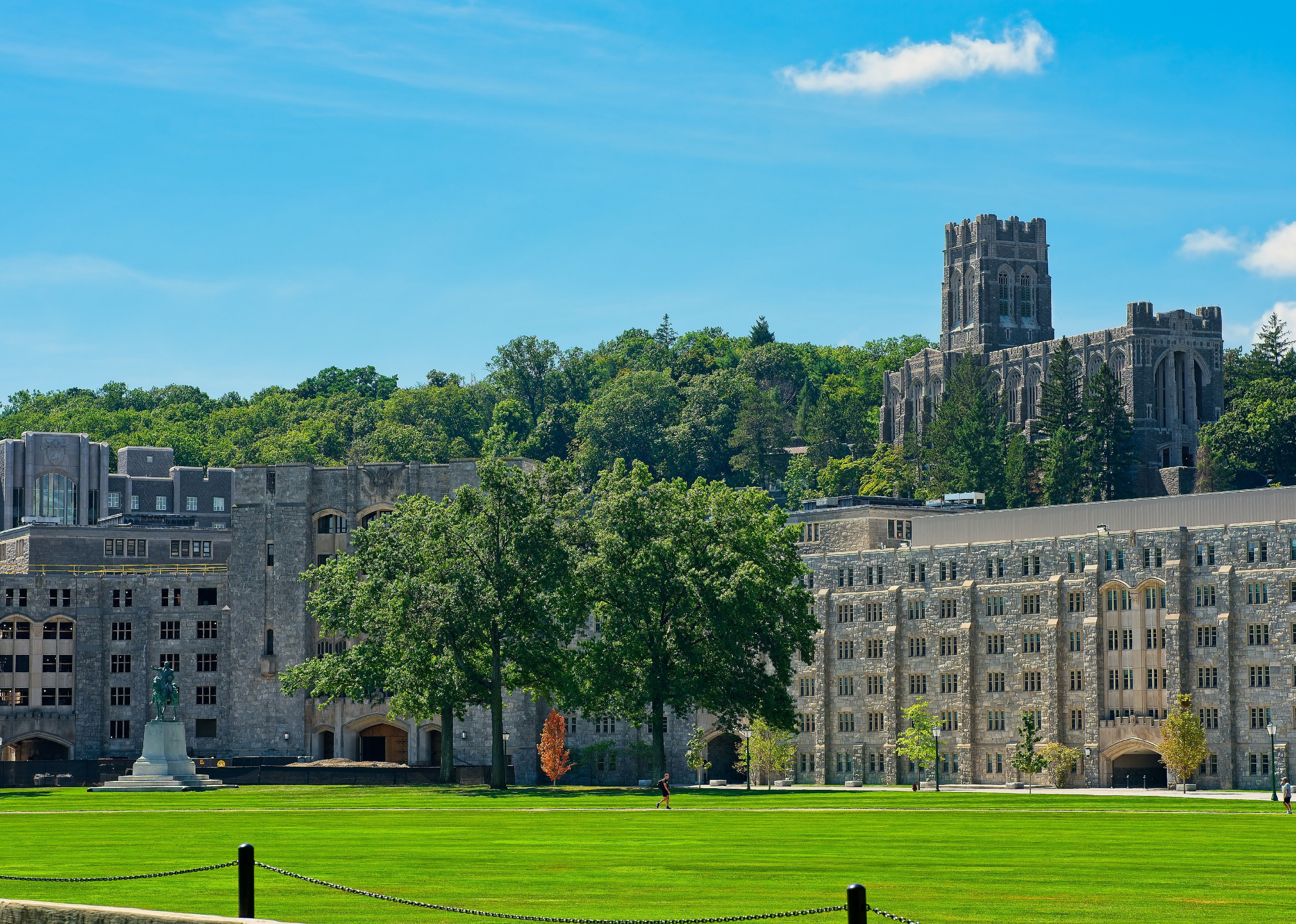 The Cadet Chapel rises above the MacArthur Barracks at the United States Military Academy.