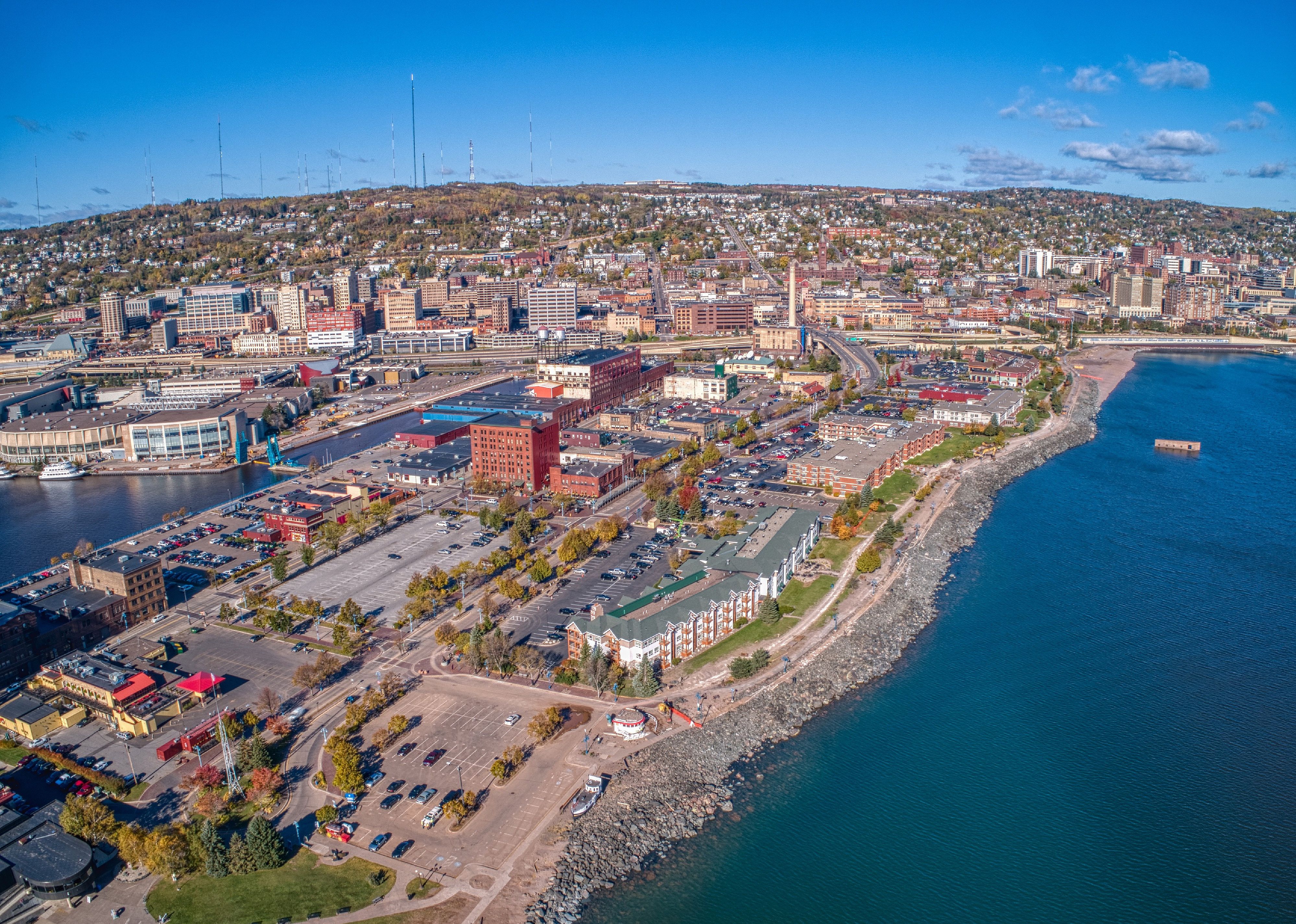 Aerial view of the popular Canal Park Area of Duluth.