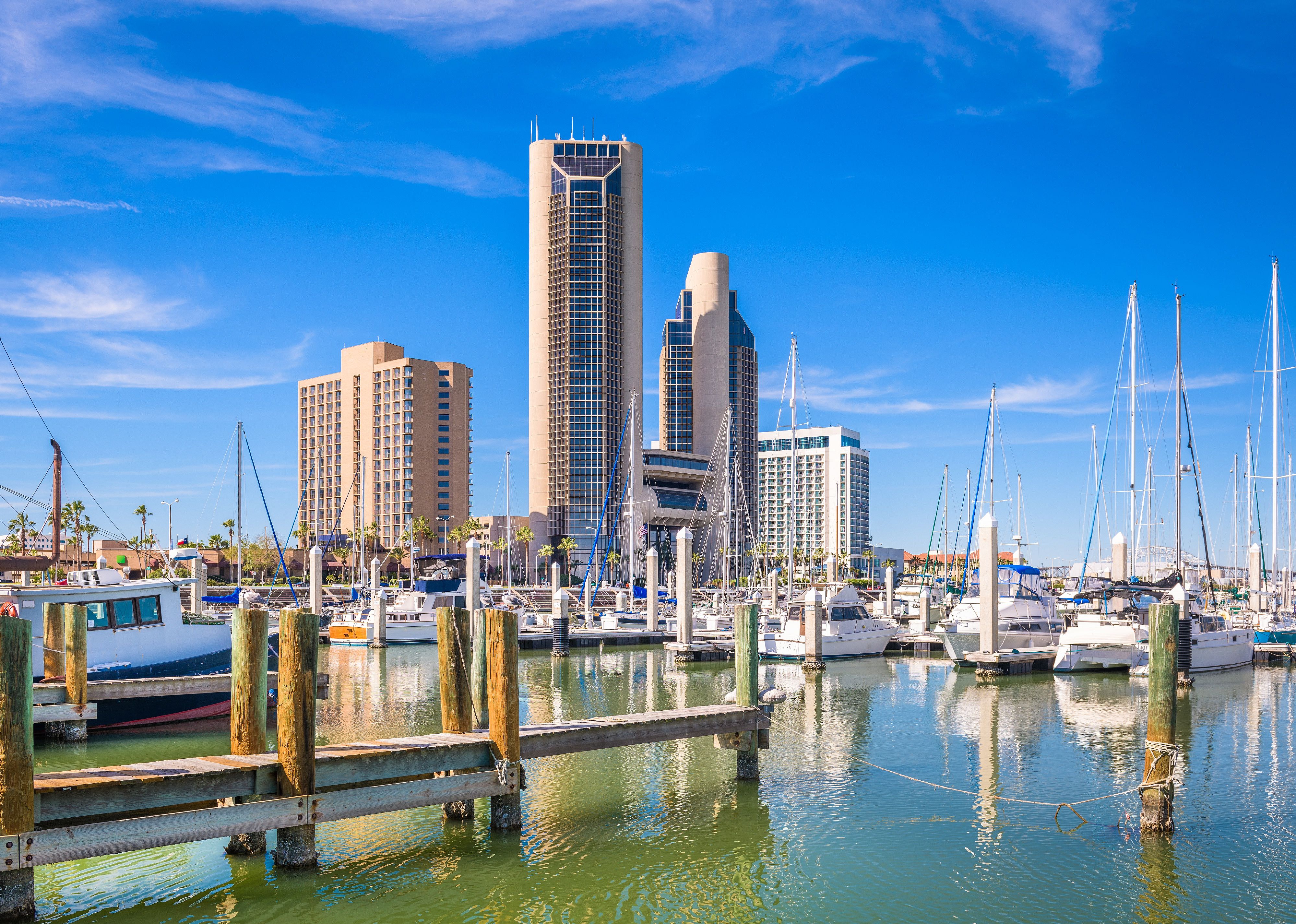 Corpus Christi skyline on the bay in the day.