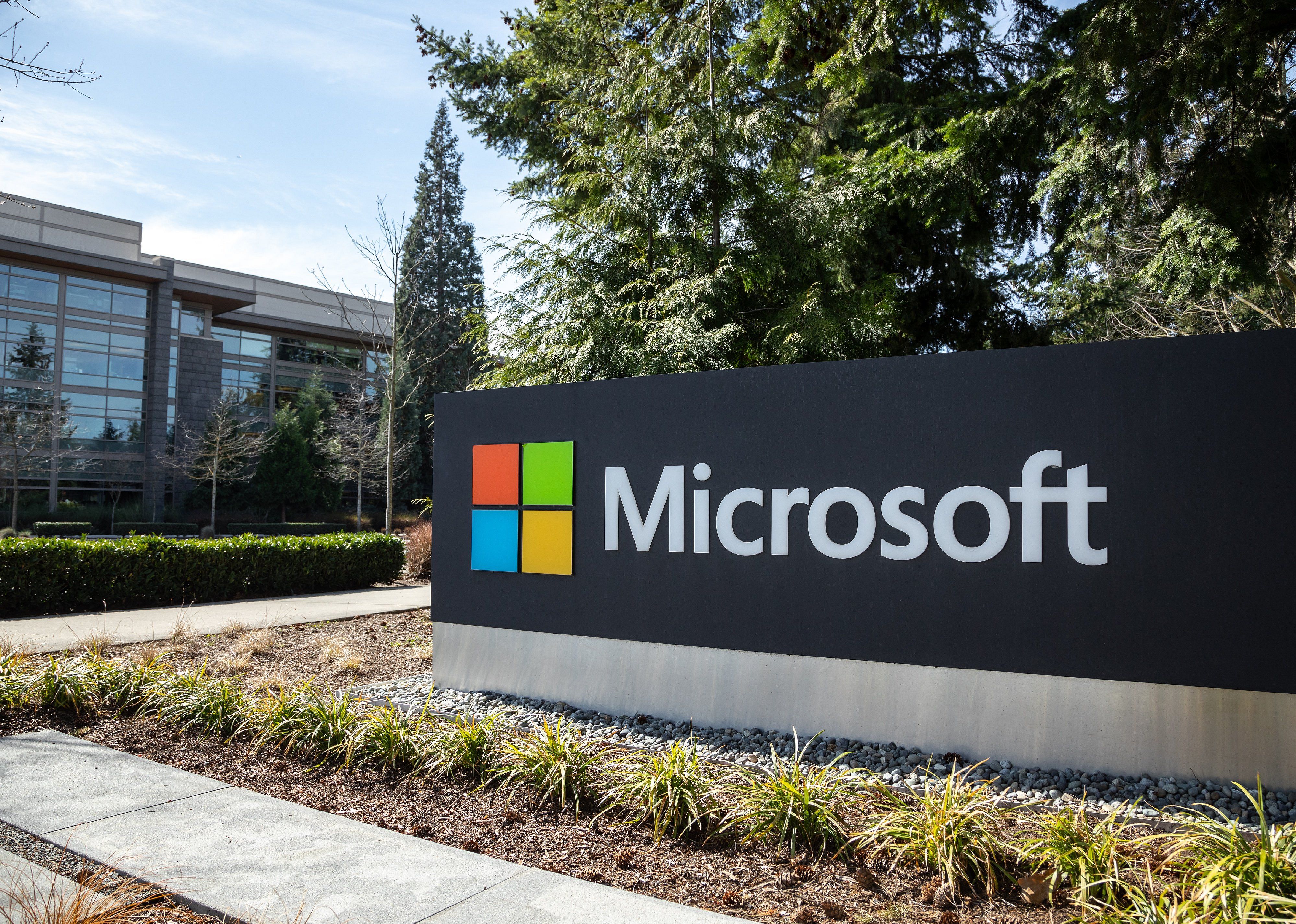 Microsoft sign at the headquarters.
