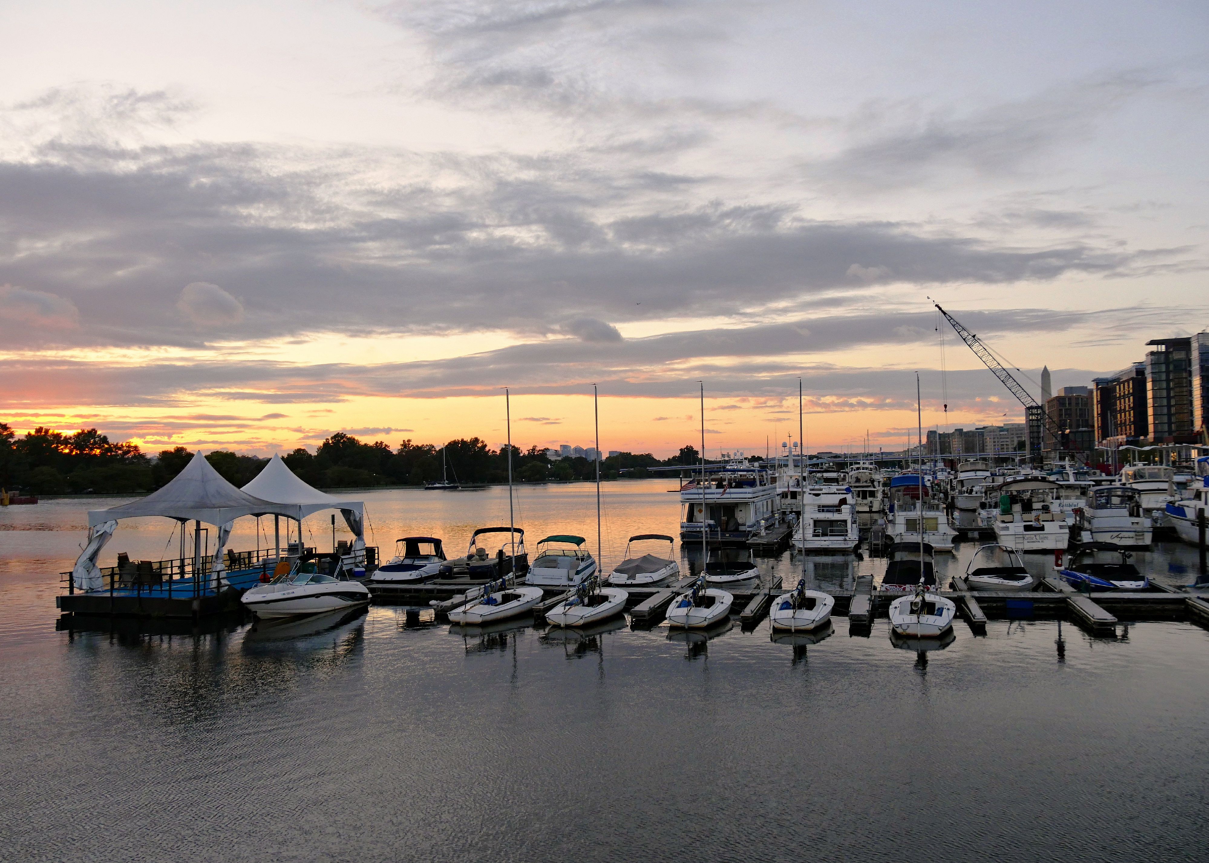 Boats docked at a jutting pier at the Southwest Waterfront.