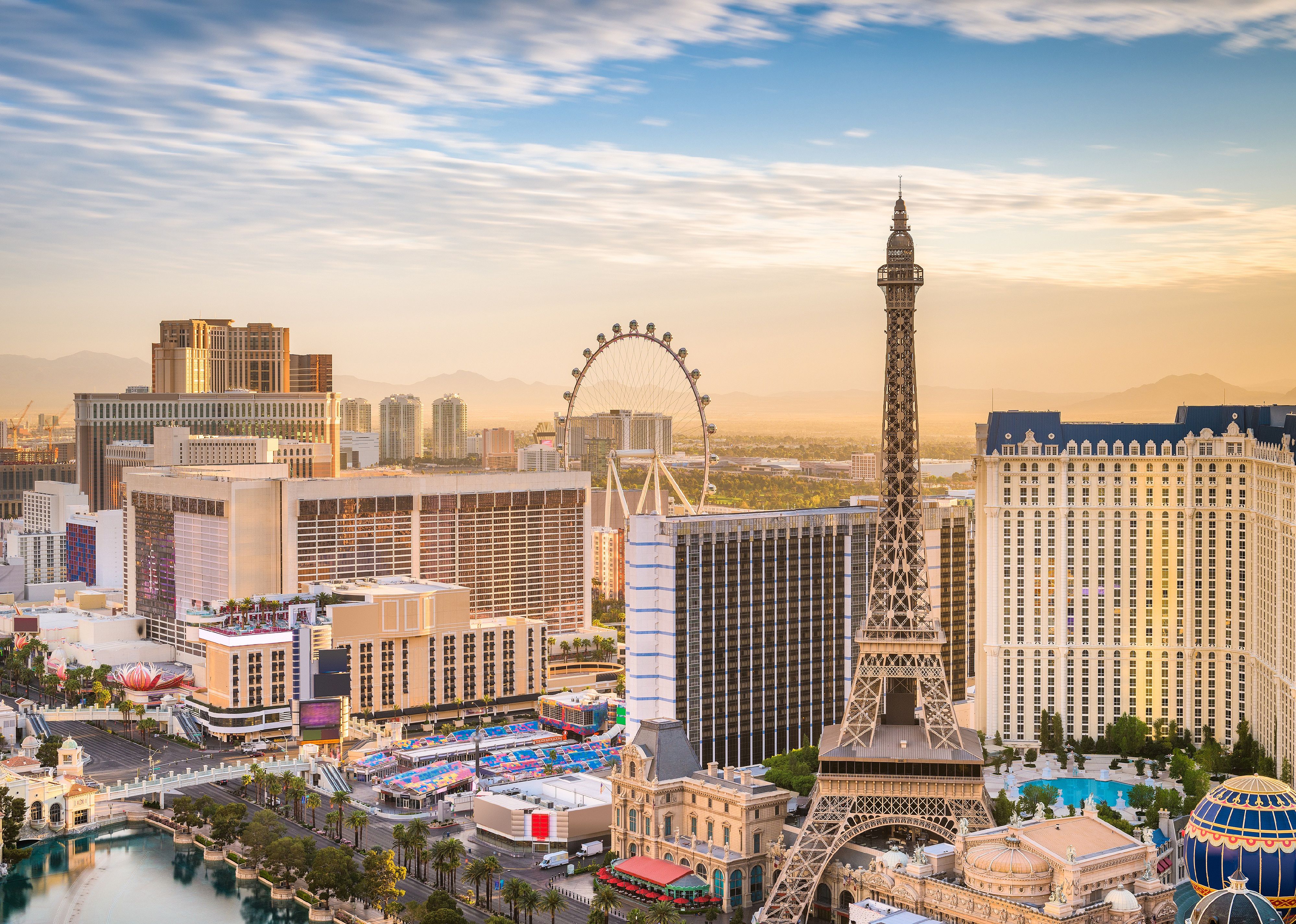 Las Vegas skyline over the strip at dusk.