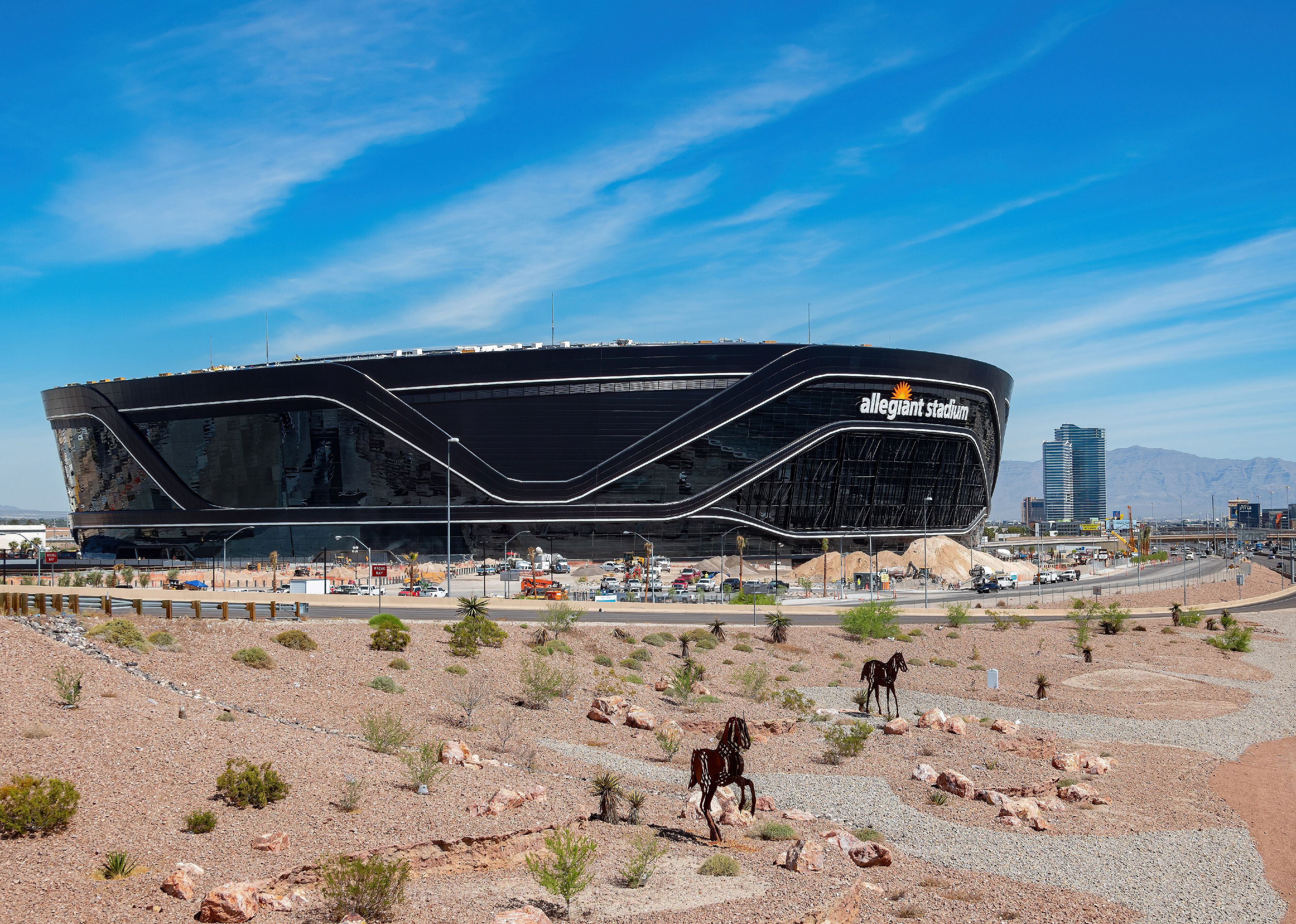  Morning view of the Allegiant Stadium with the strip view