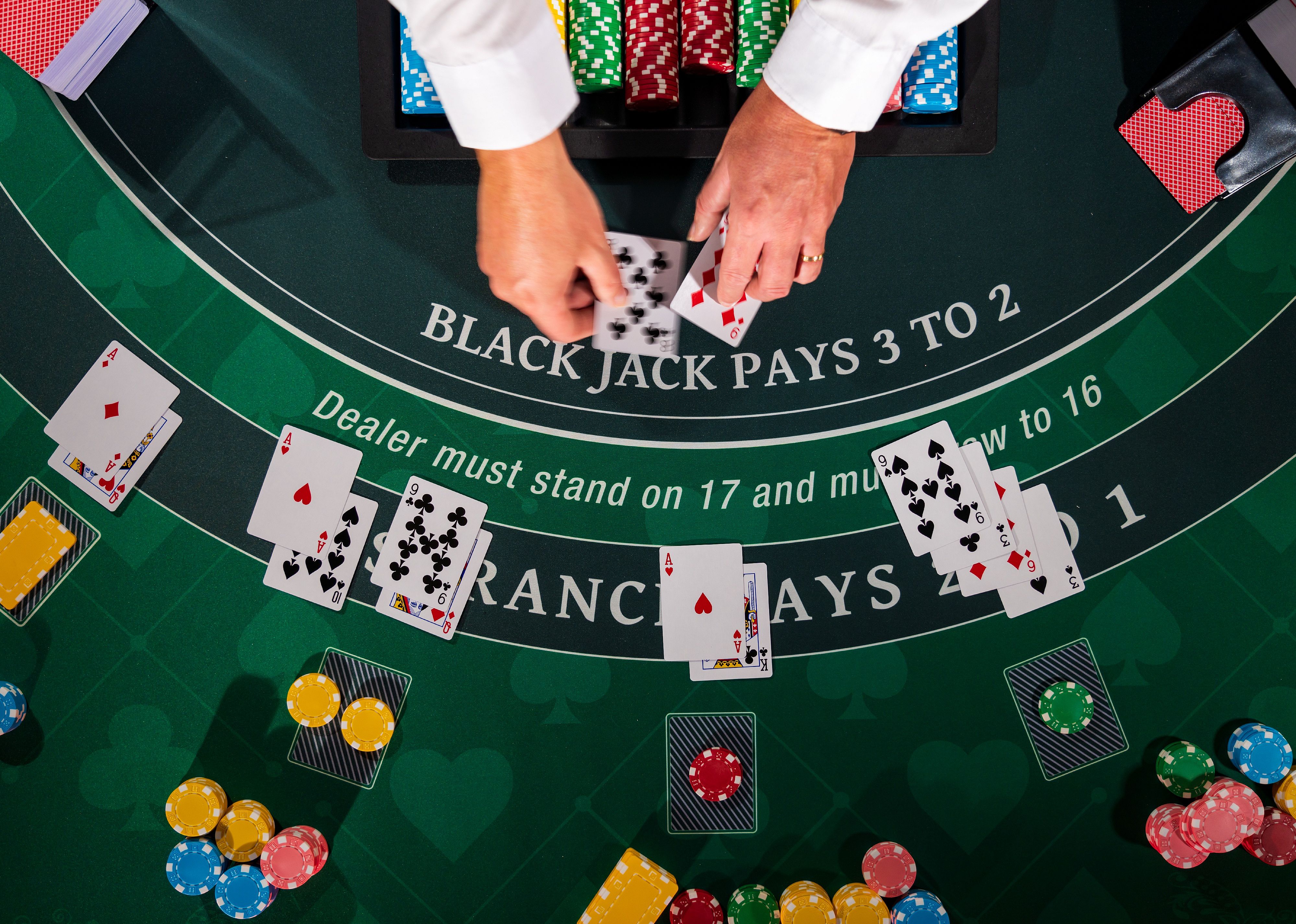 Overhead view of a casino Blackjack table.