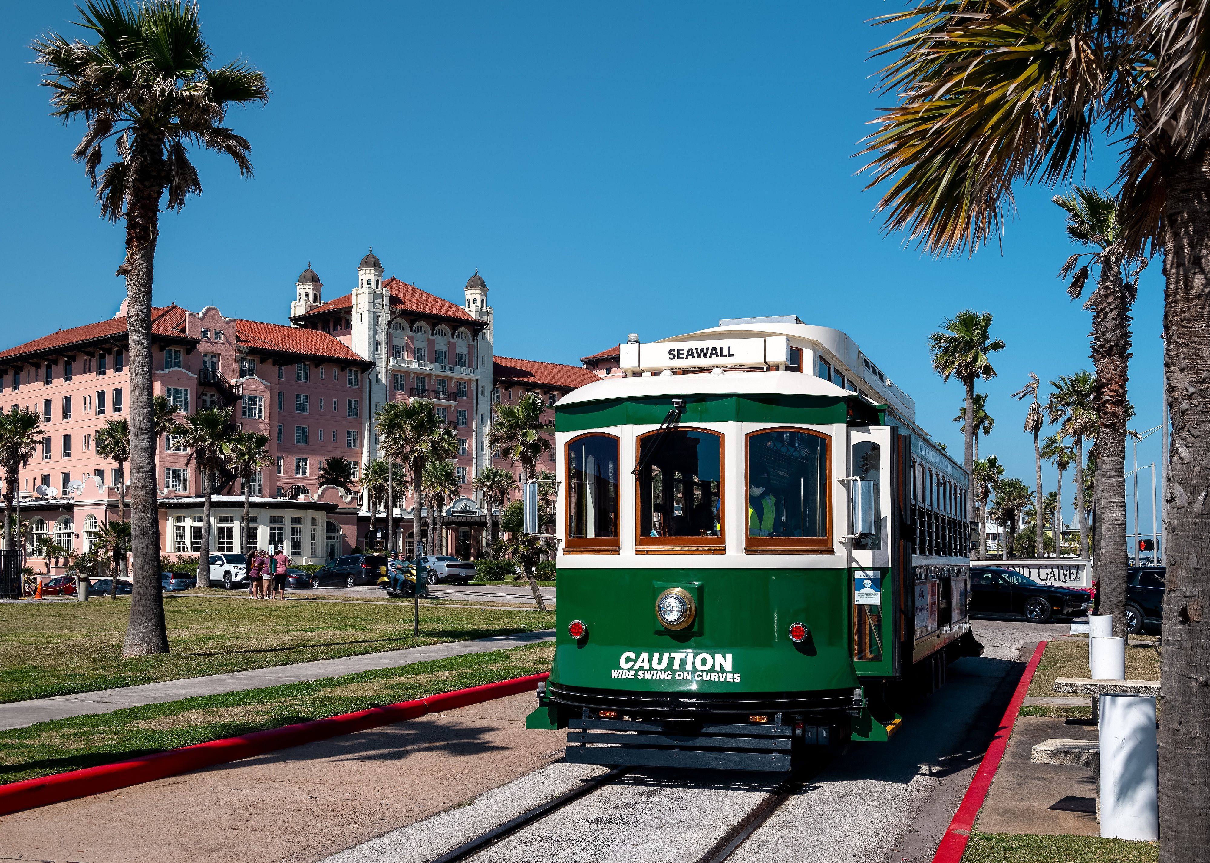 Train and buildings with palm trees.