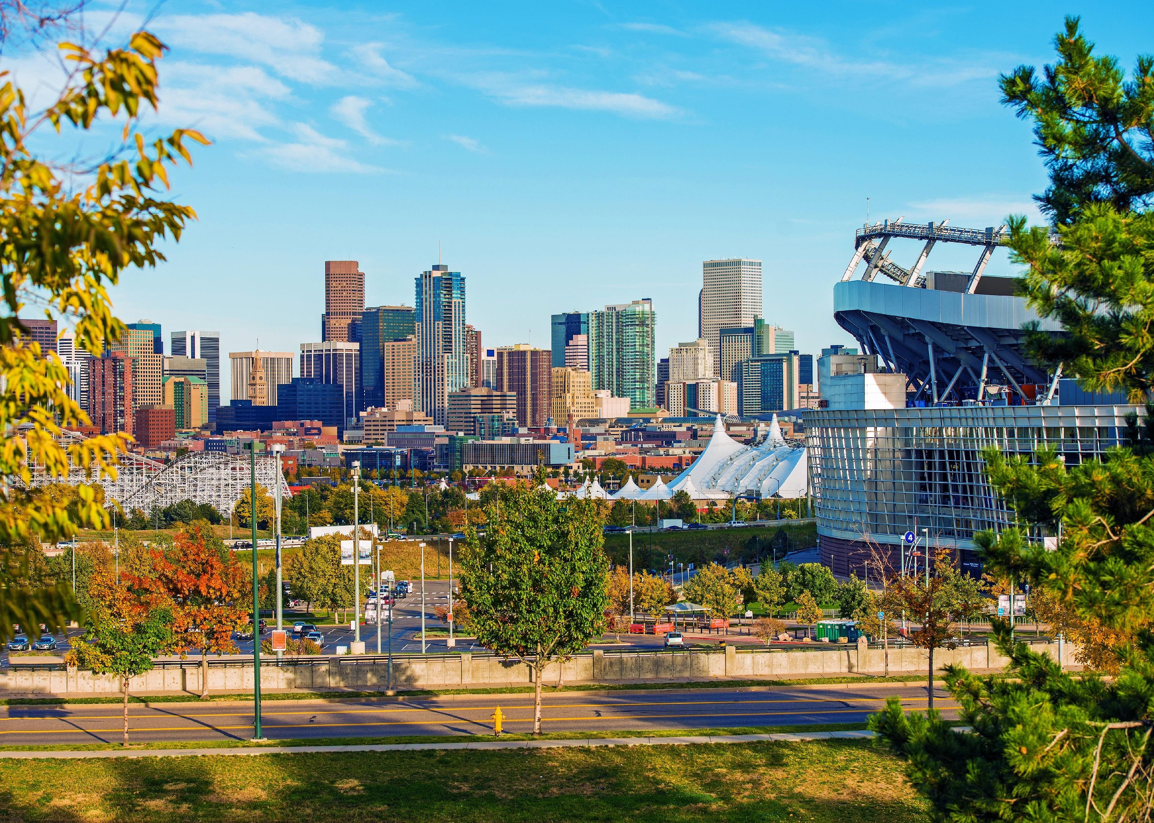 An aerial view of the Denver skyline.