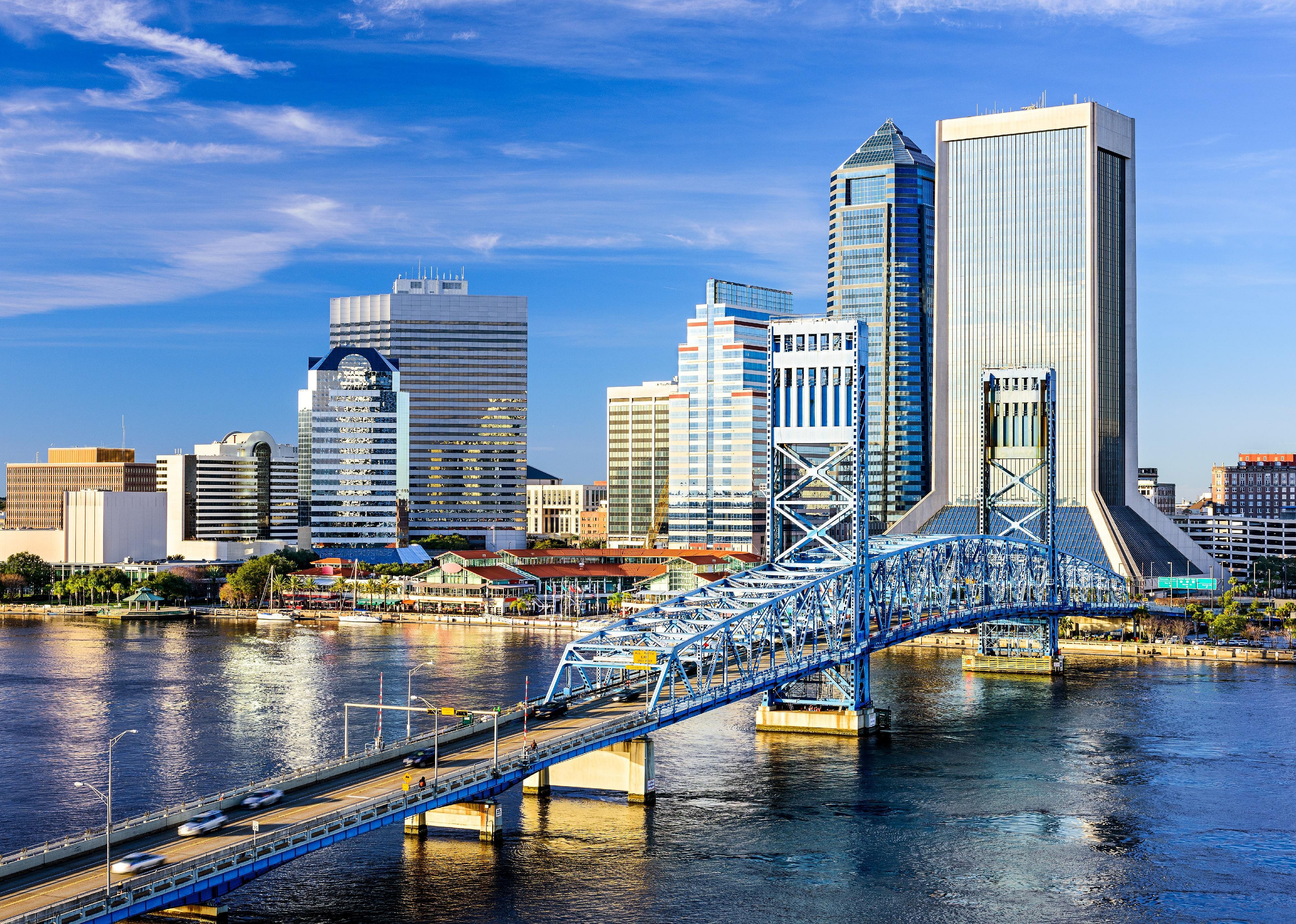 Aerial view of the Main Street Bridge on Jacksonville's riverfront.
