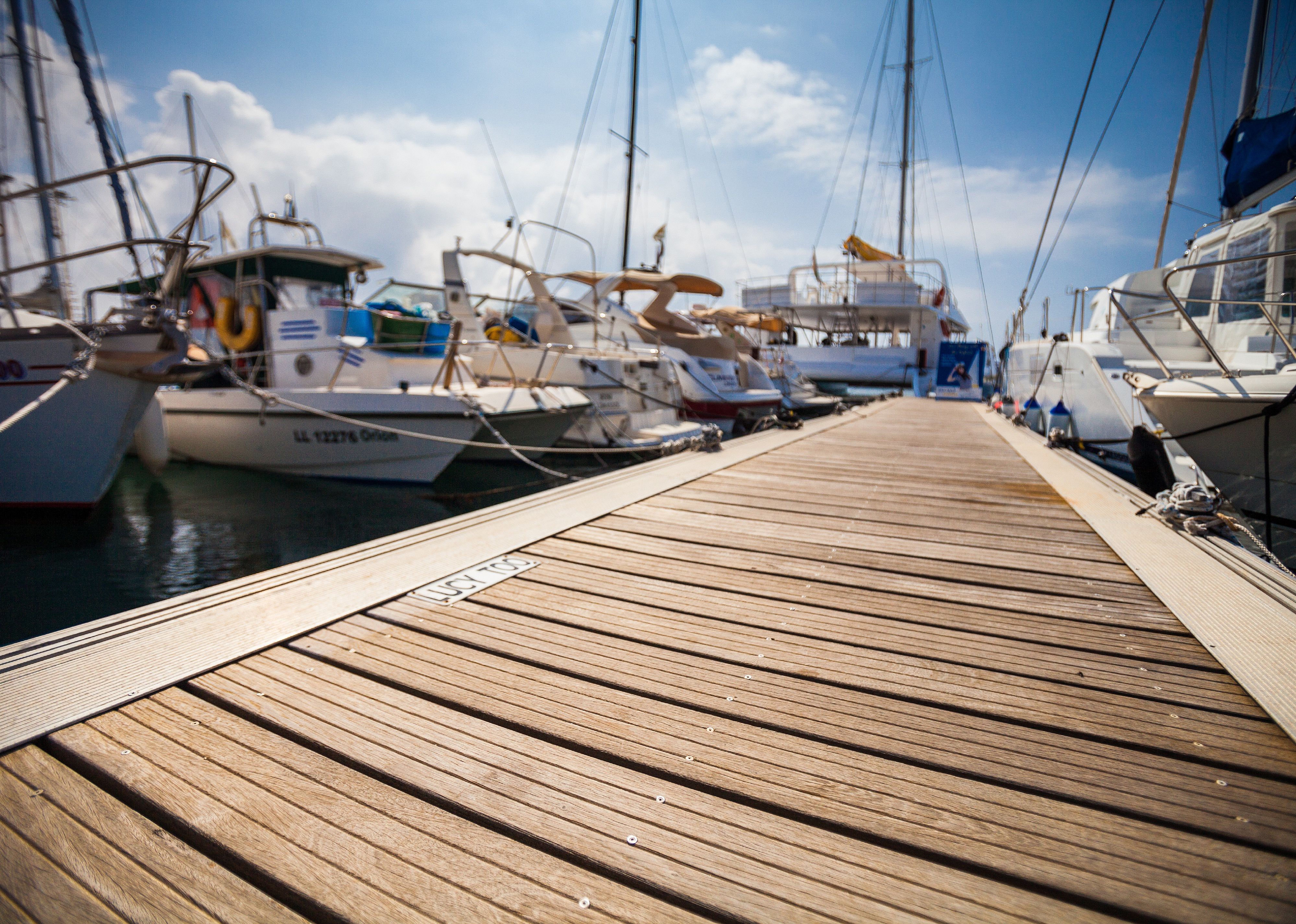 Marina with anchored boats.