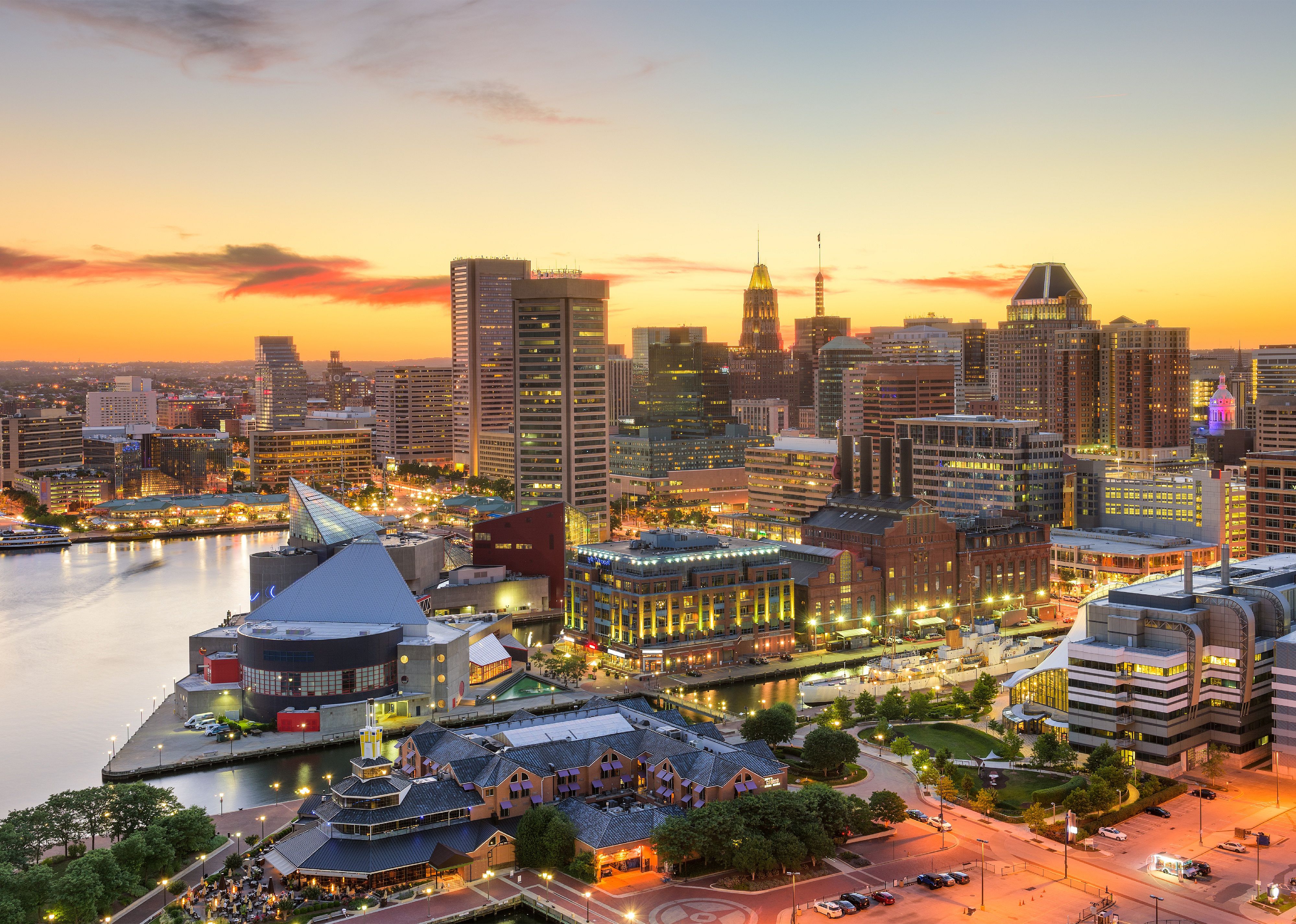 Baltimore, Maryland, USA downtown cityscape at dusk.