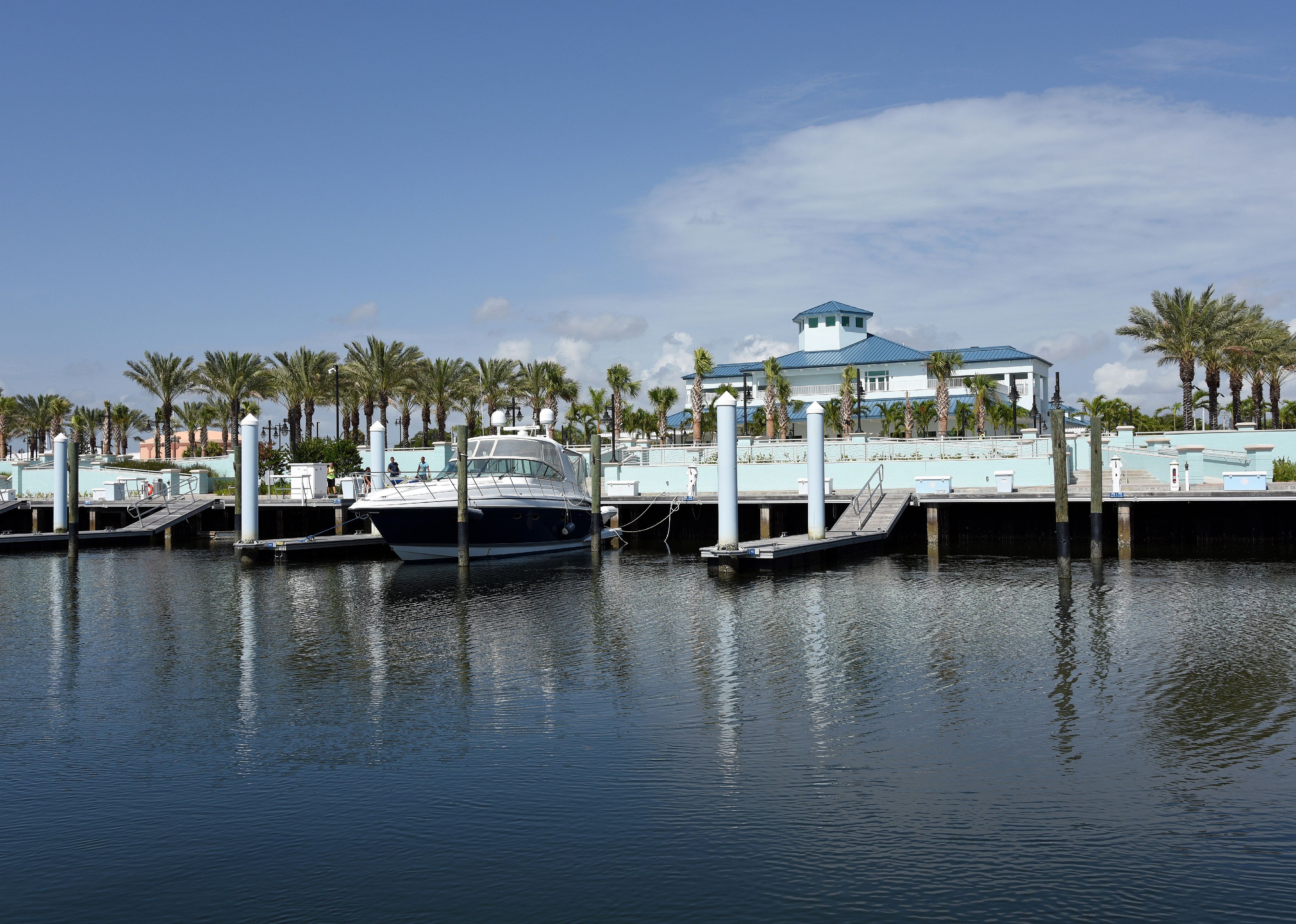 The Riviera Beach Marina Village main building, fountain and center.