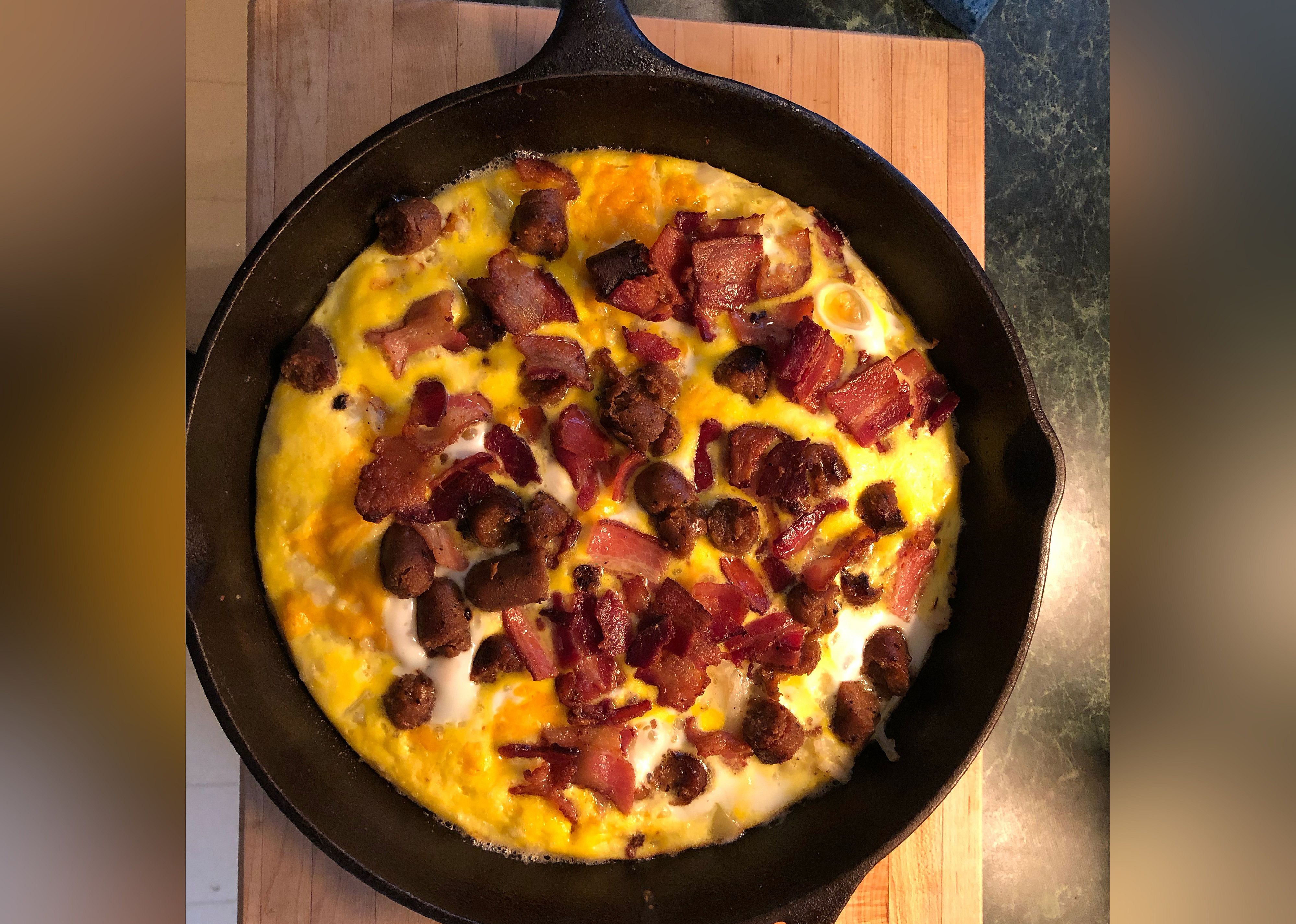 Cheesy Bacon-Sausage-Egg-Hash Brown Skillet