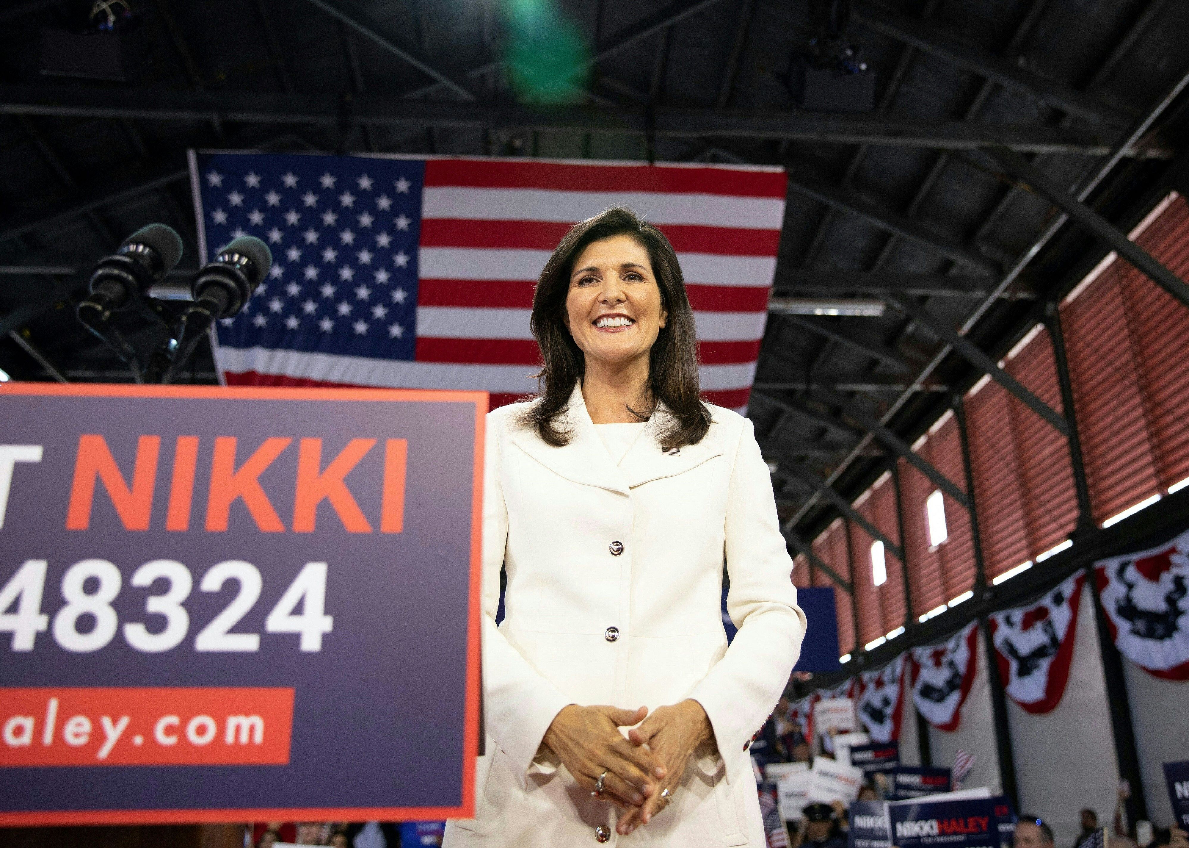 Nikki Haley speaks during a campaign event to launch her presidential bid.