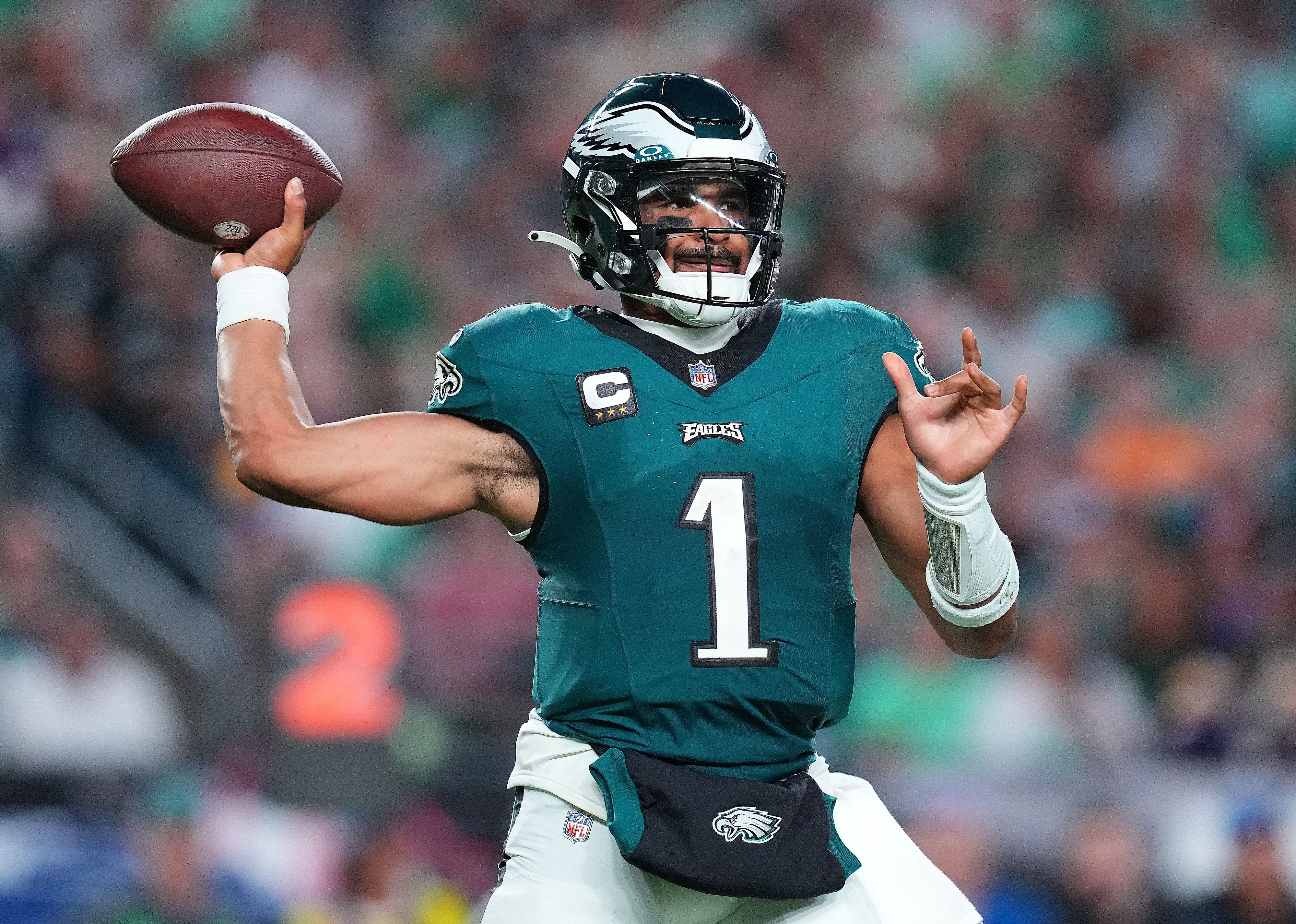Jalen Hurts of the Philadelphia Eagles passes.