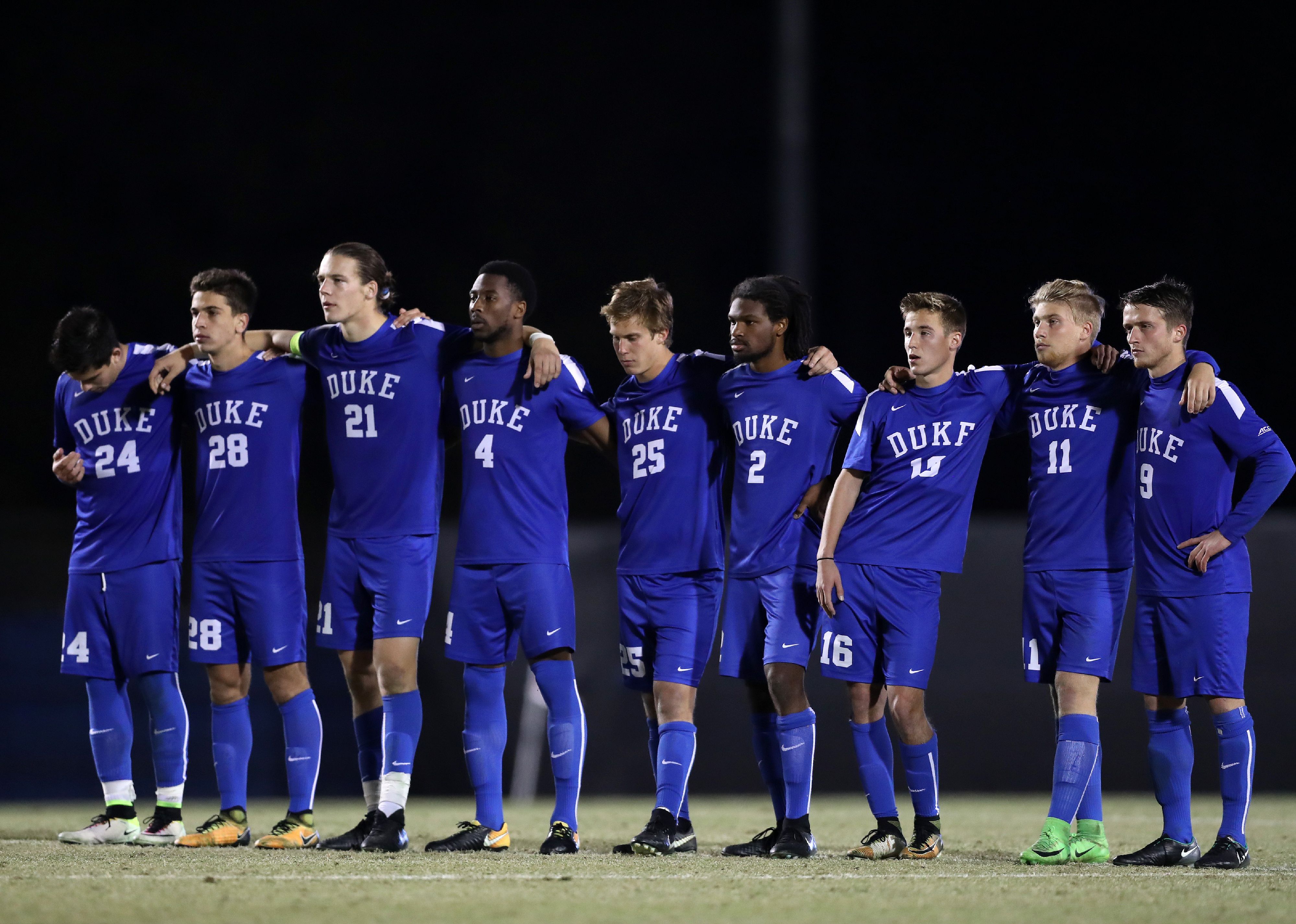 Duke players during a penalty kick shootout. 