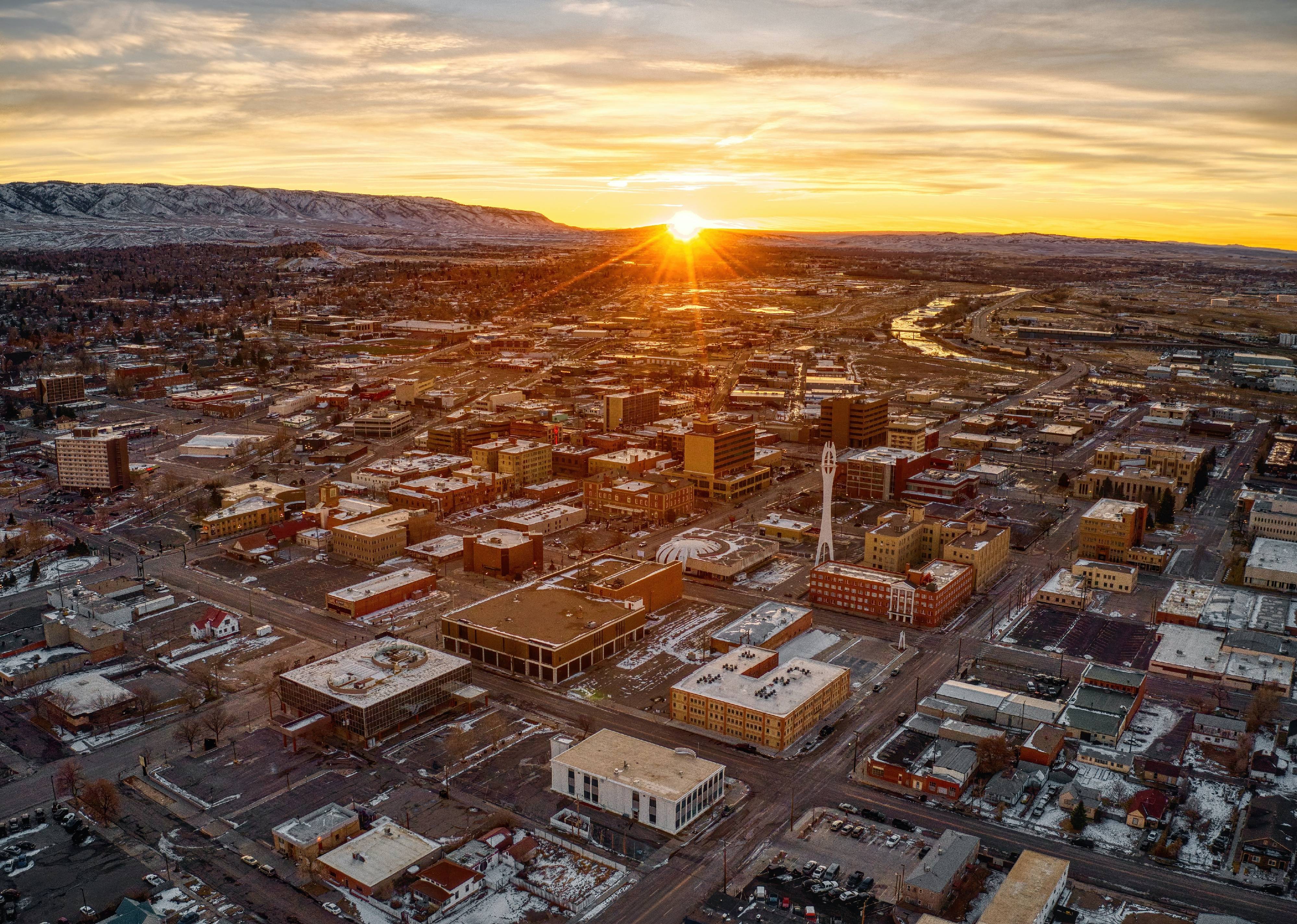 Aerial view of downtown Casper, Wyoming at dusk