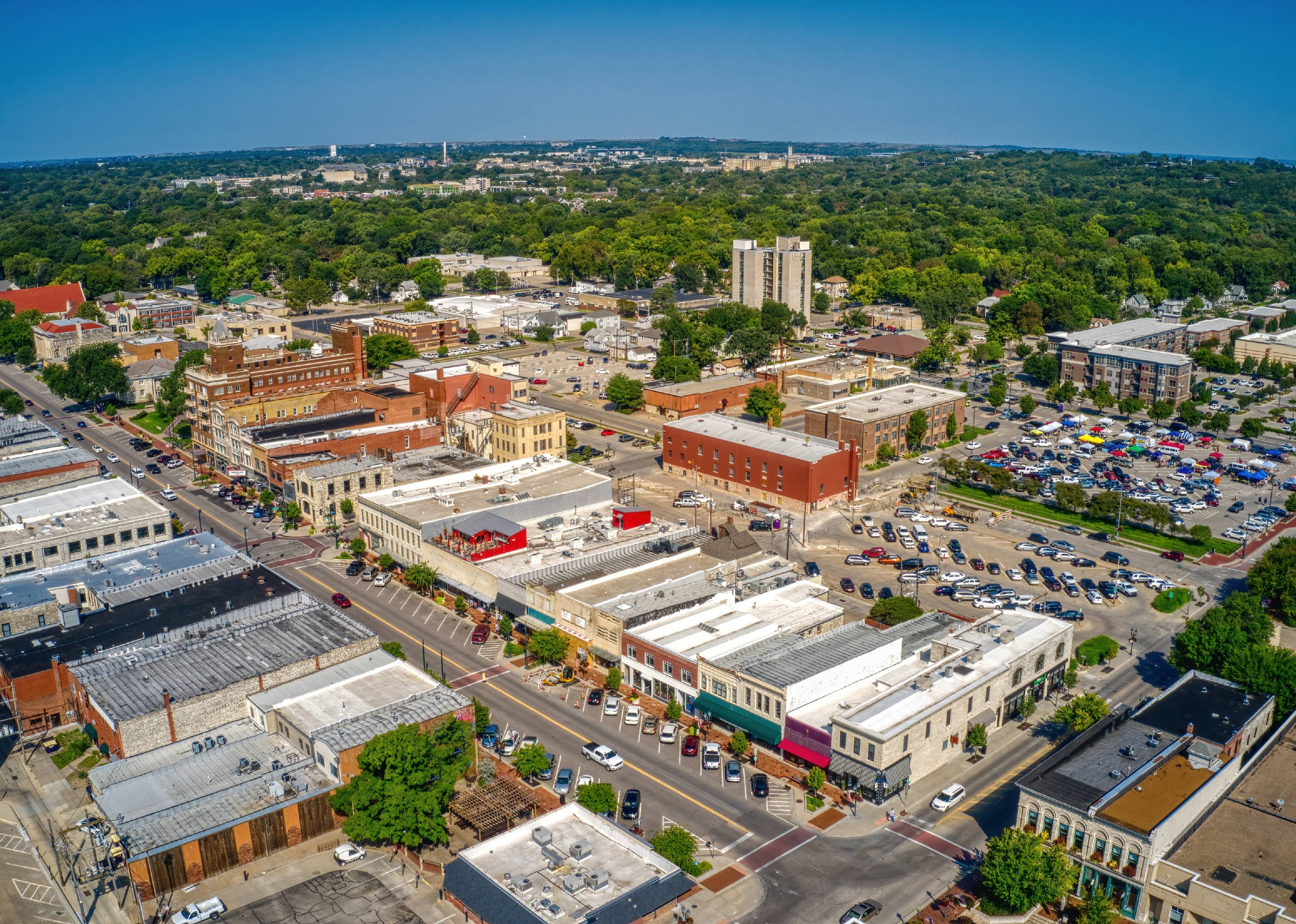 Aerial view of the town of Manhattan, Kansas in summer