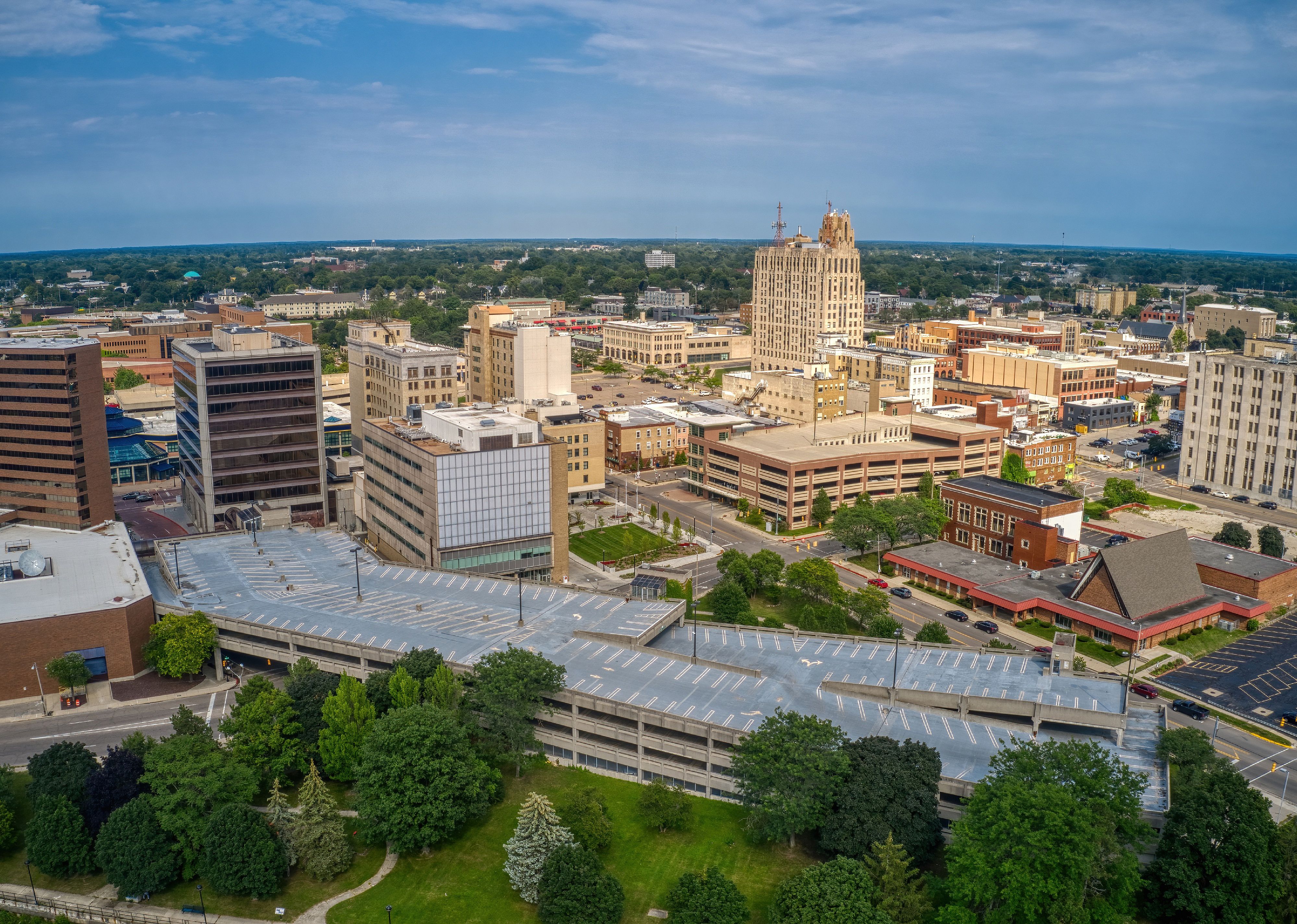 Aerial View of Downtown Flint, Michigan in Summer.