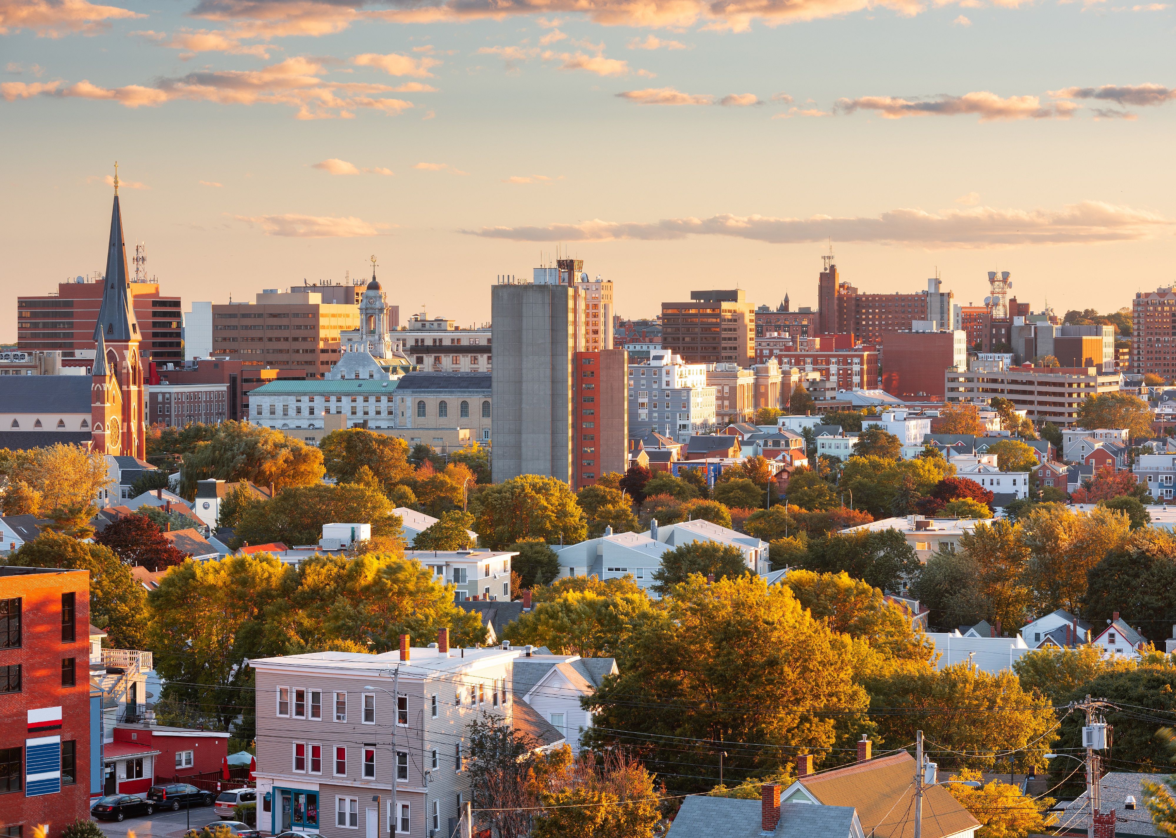 Portland, Maine, USA downtown city skyline at dusk.