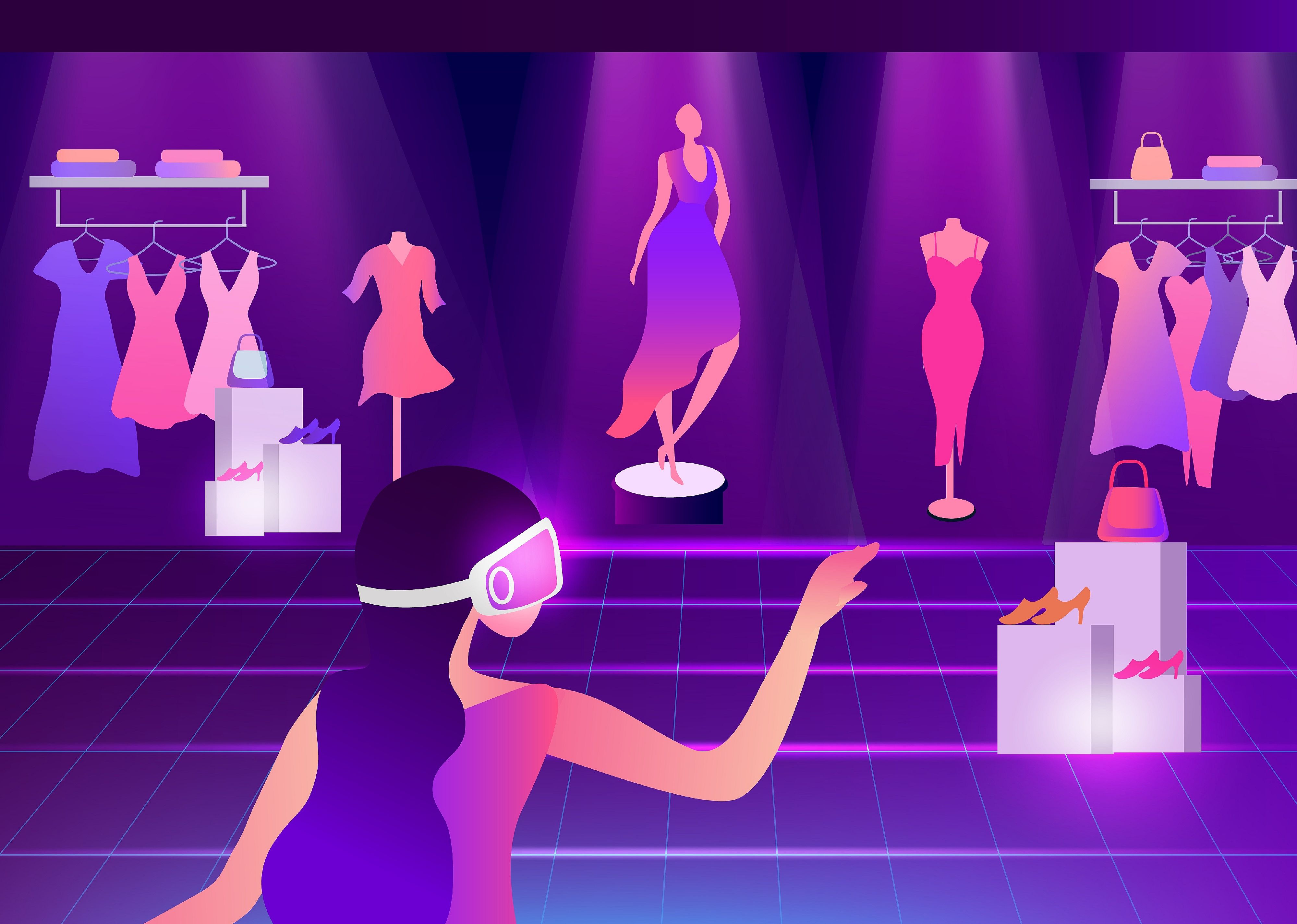 Animated image of woman wearing VR goggles shopping in the metaverse