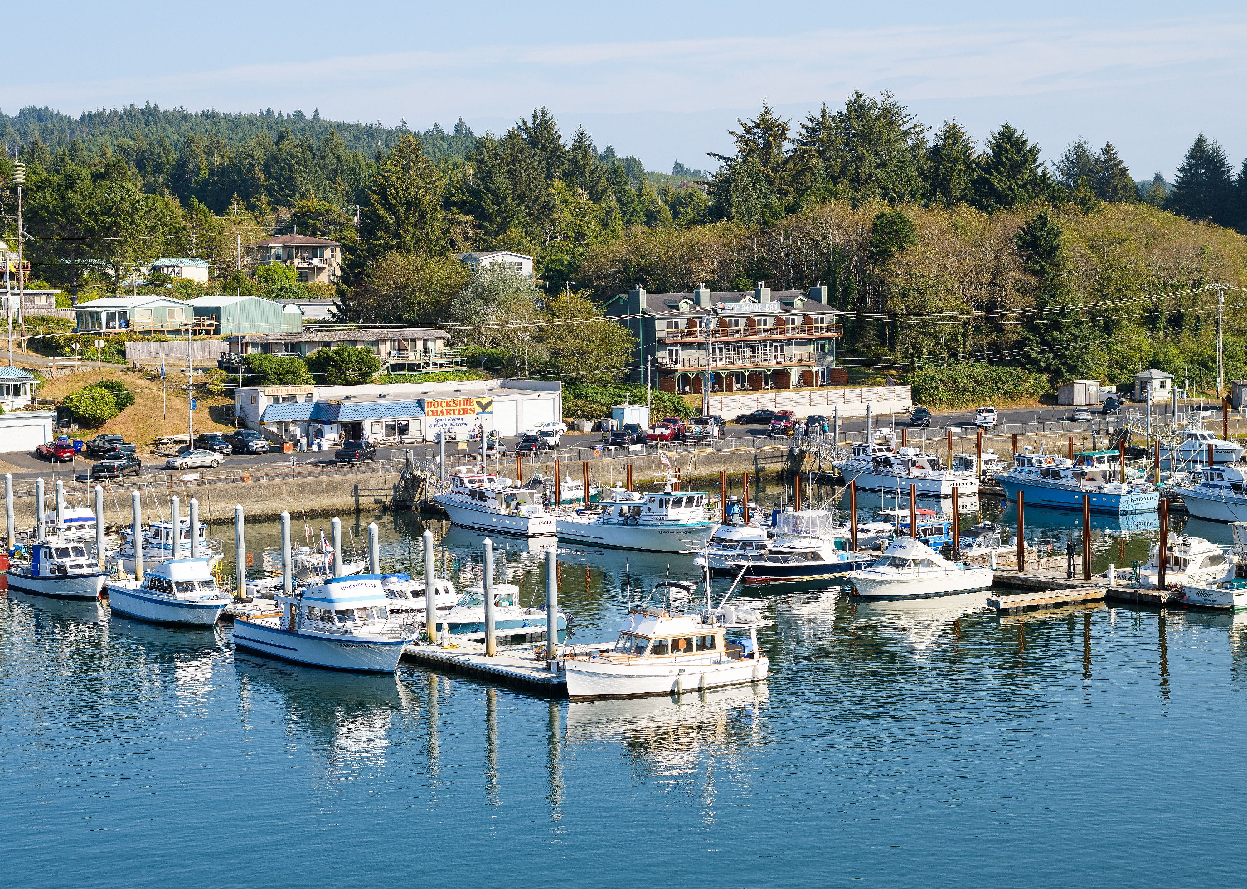 Depoe Bay Harbor on the Oregon Coast with boats tied up.
