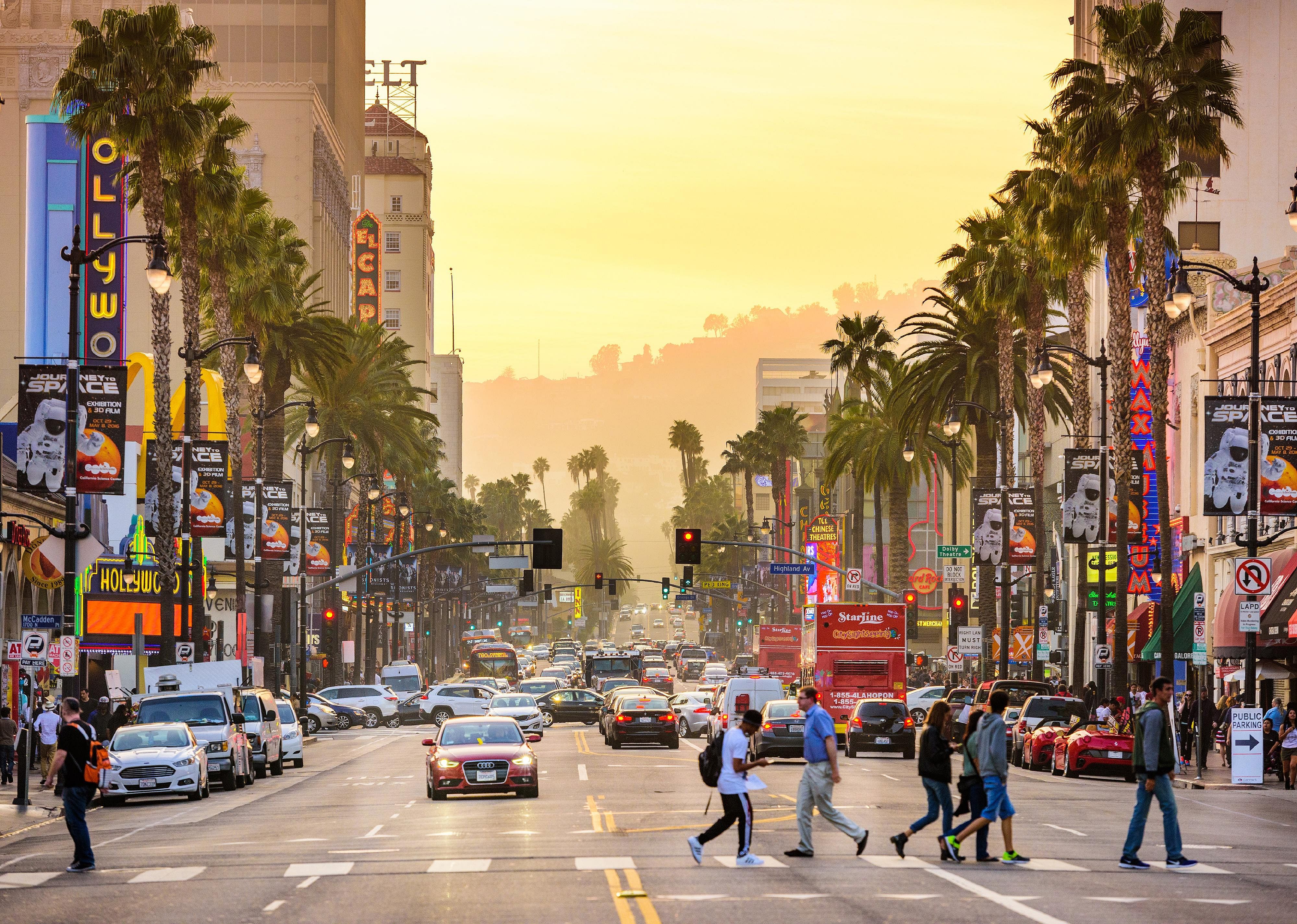 A busy street scene on Hollywood Boulevard in Los Angeles.