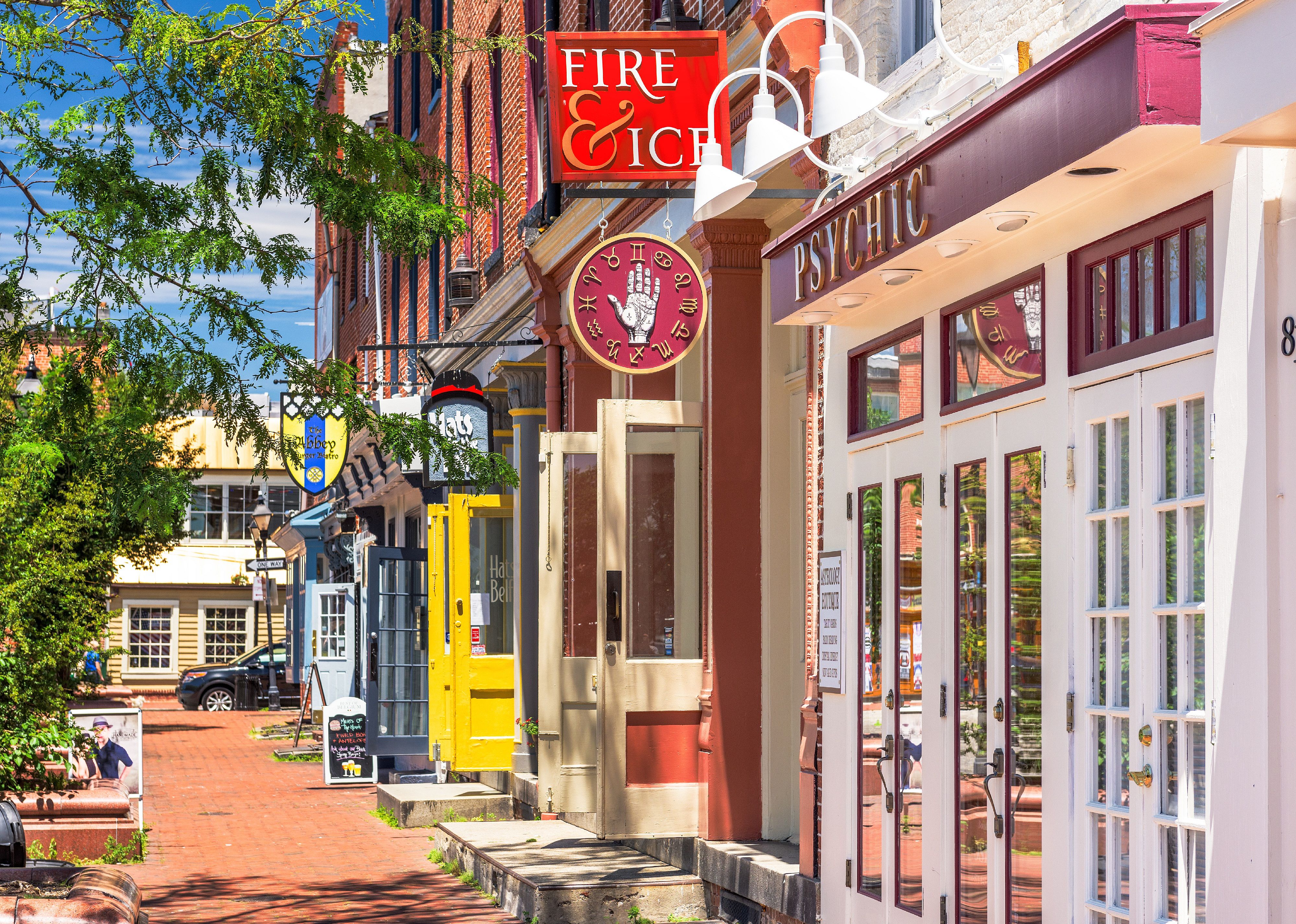 Colorful shops along a street