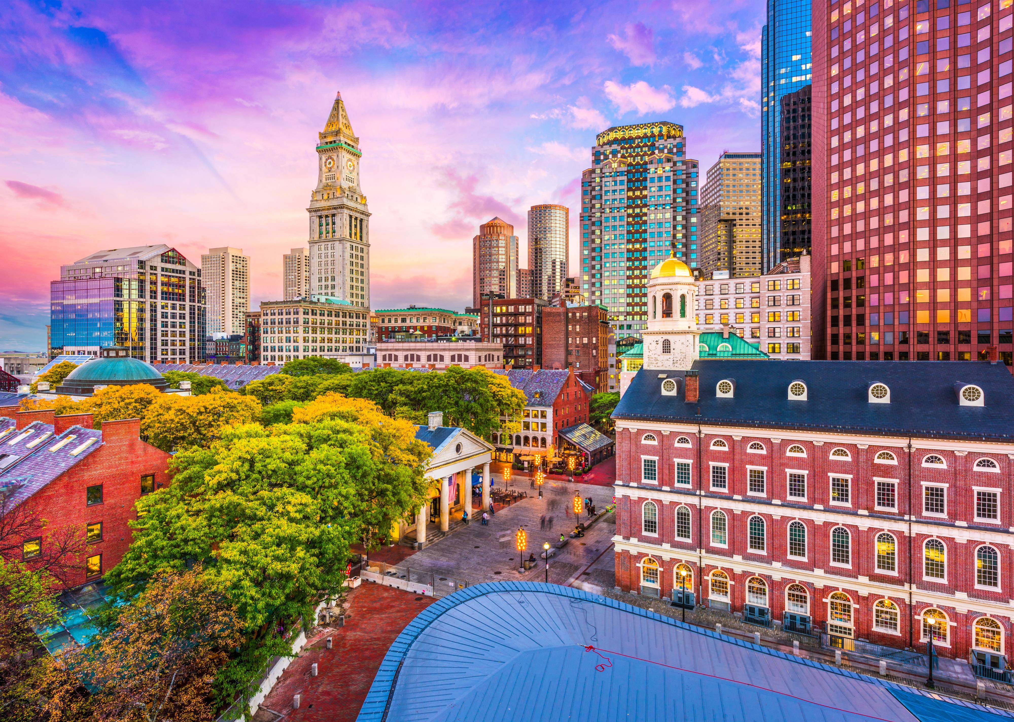 Boston historic skyline at dusk.