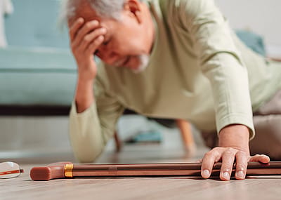 Senior man lying on the floor with walker after having fallen.
