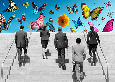 People in suits ascending staircase with AI-generated sky and butterflies on the horizon.