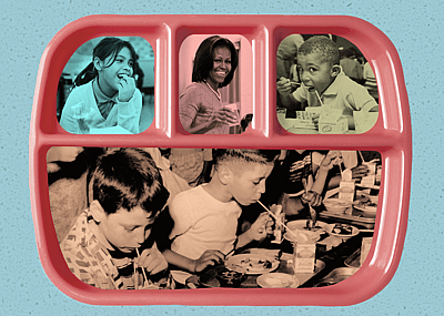 Photo illustration with images of school children eating breakfast and lunch.